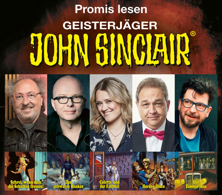Buchcover mit einer Collage von Gesichtern und Illustrationen, der Titel lautet "GEISTERJÄGER JOHN SINCLAIR".