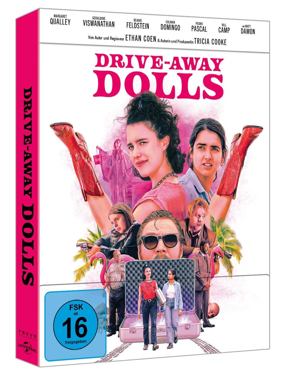 Filmcover mit Darstellern vor rosa Hintergrund.