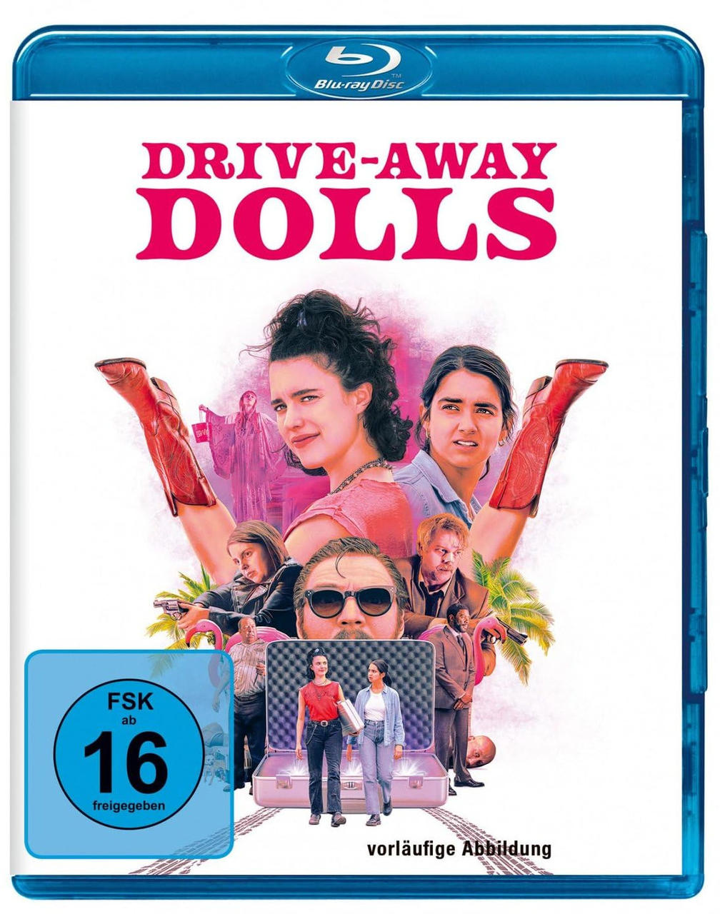 Filmcover: Drive-Away Dolls. Das Cover zeigt eine Besetzung von Schauspielern, ein Auto und eine blaue Blu-ray-Hülle.