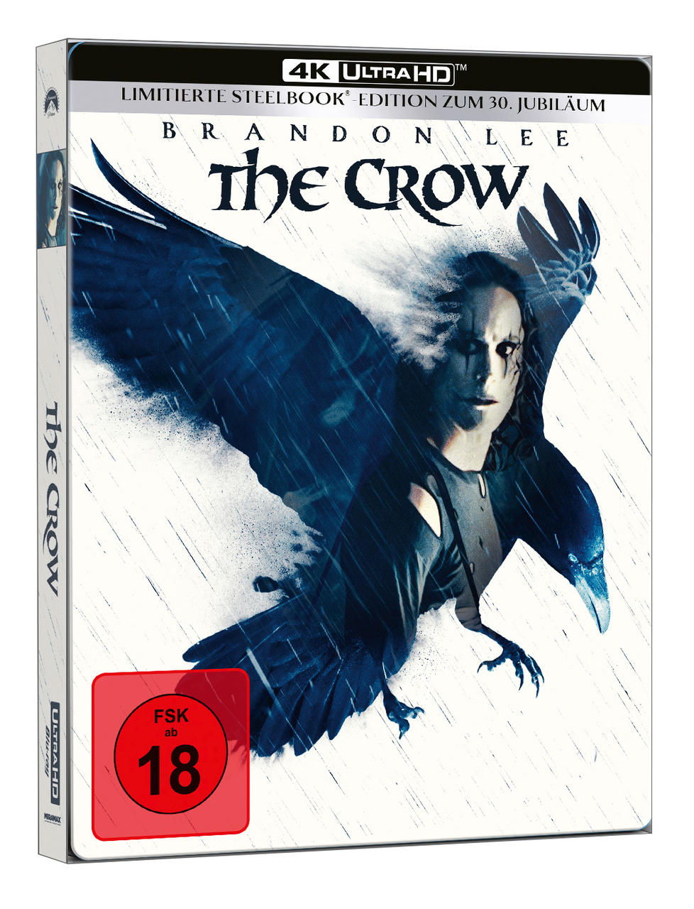The Crow Blu-ray-Hülle. Brandon Lee ist abgebildet. Das Cover zeigt eine dunkle Krähe und Regen.
