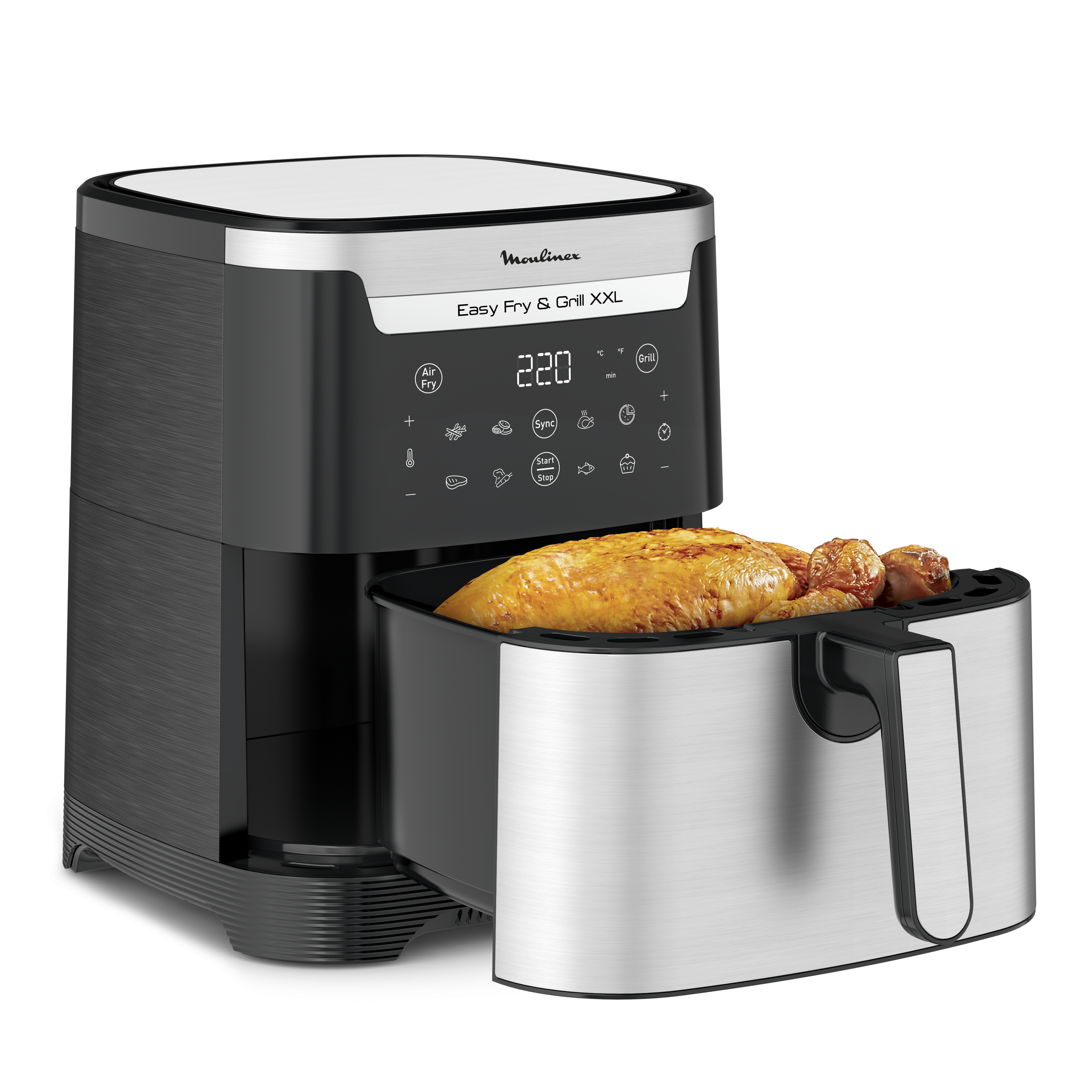 Een zwarte en zilveren Moulinex Easy Fry airfryer met kip erin. Het display toont 220°C.