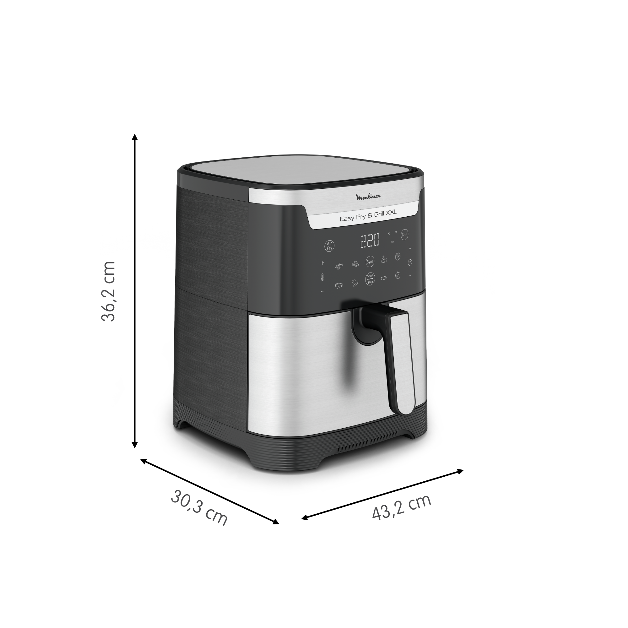Moulinex Easy Fry & Grill XXL airfryer. Zwart en zilver design, met afmetingen in cm.