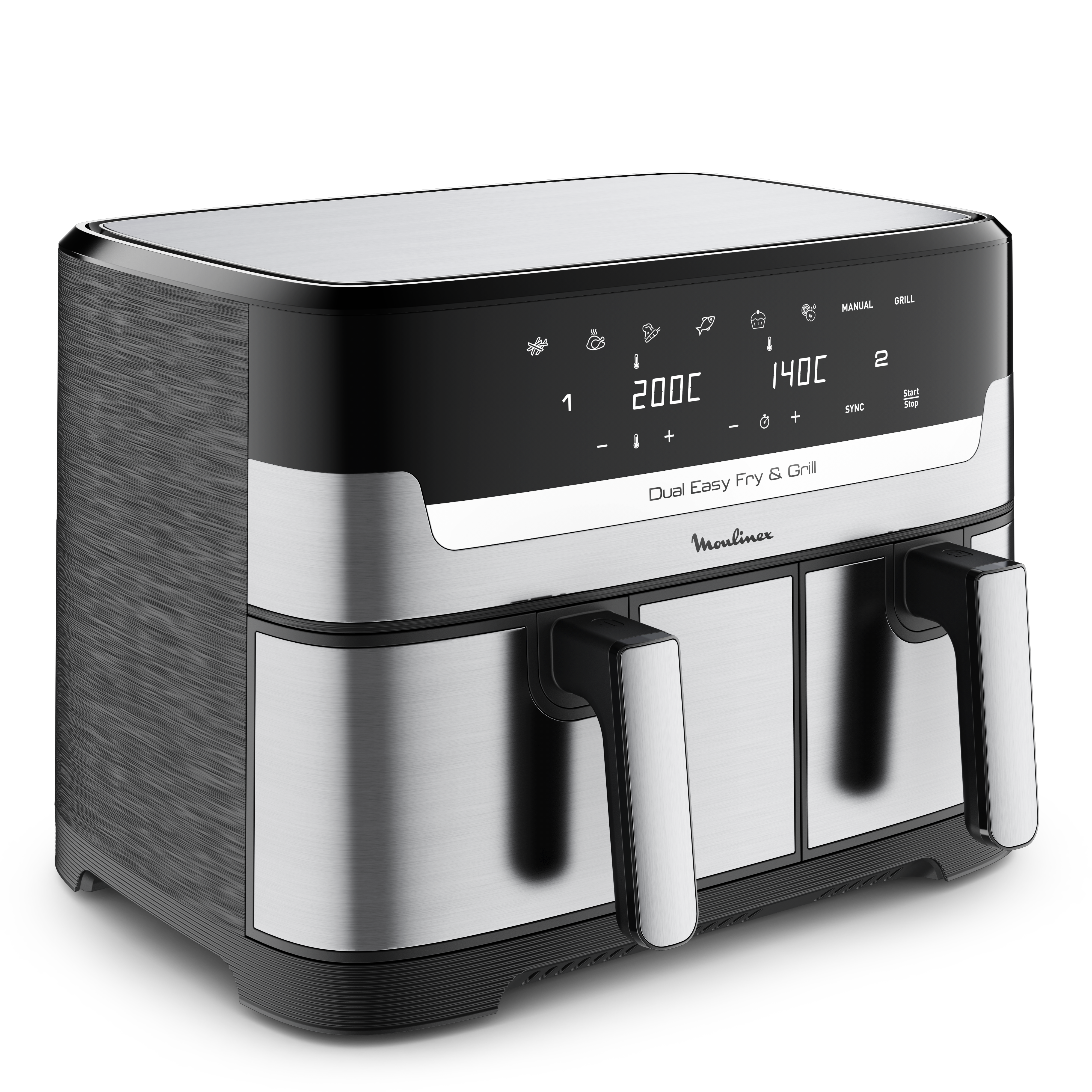 Une friteuse à air double Moulinex noire et argentée. Le panneau de contrôle est en haut.