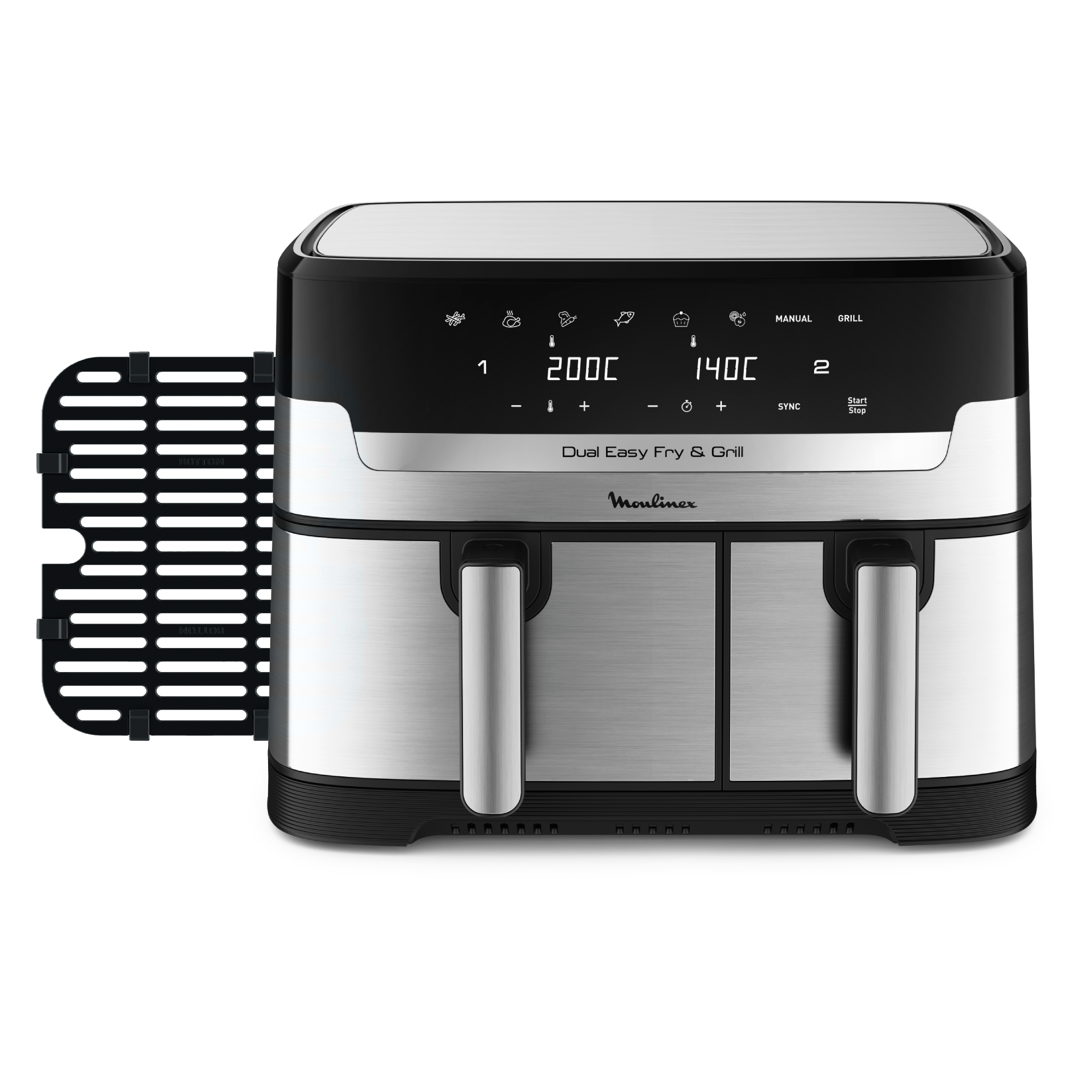 Friteuse à air noire et argentée. Il a deux compartiments. L'écran affiche la température et l'heure. Dual Easy Fry & Grill.