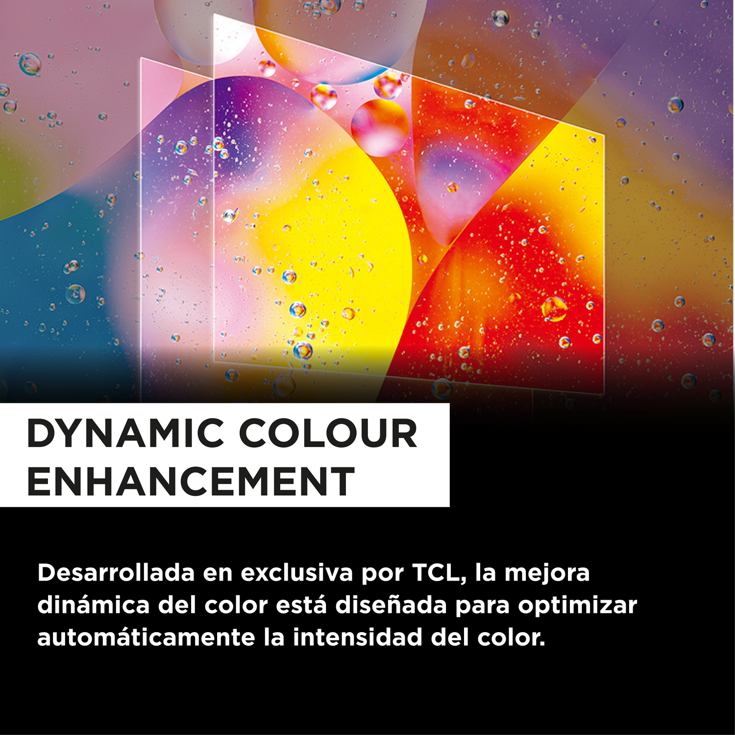 Imagen abstracta con burbujas de aceite coloridas y texto superpuesto: DYNAMIC COLOUR ENHANCEMENT.