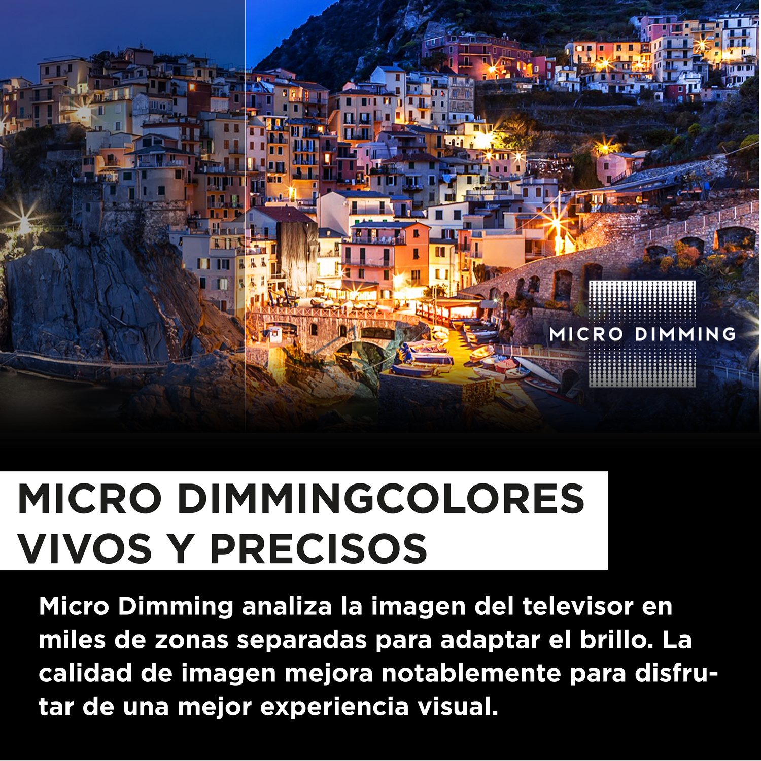 Una escena nocturna de una ciudad con texto que promociona Micro Dimming y colores vibrantes.