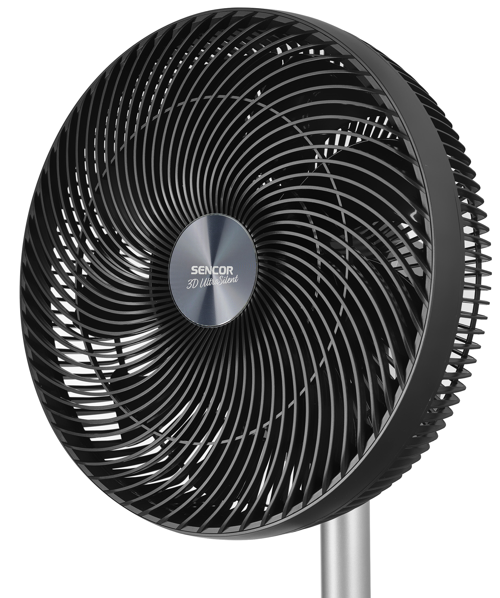 Fekete álló ventilátor modern, örvénylő dizájnnal.