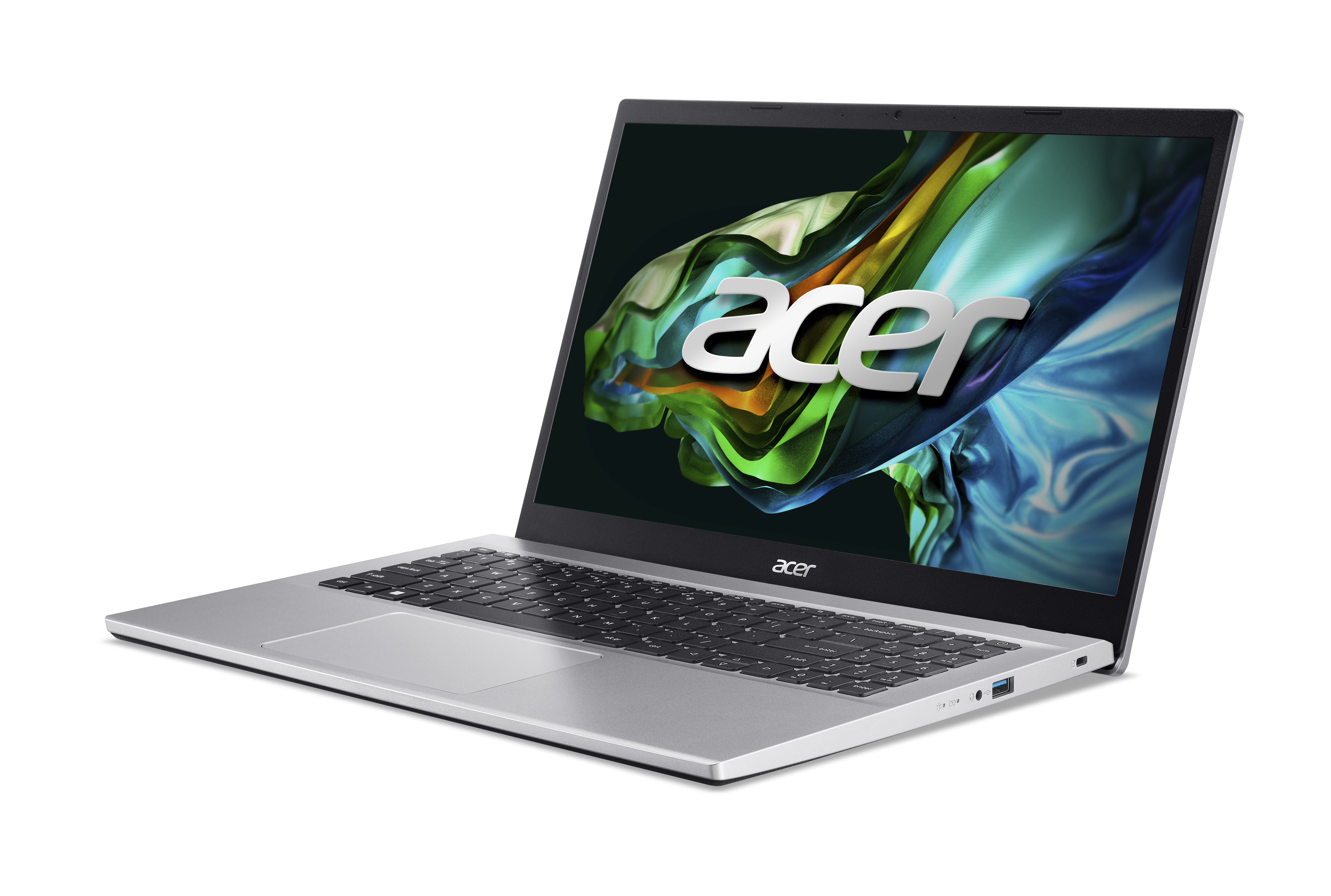 Un portátil Acer plateado con el logotipo de Acer en la pantalla.