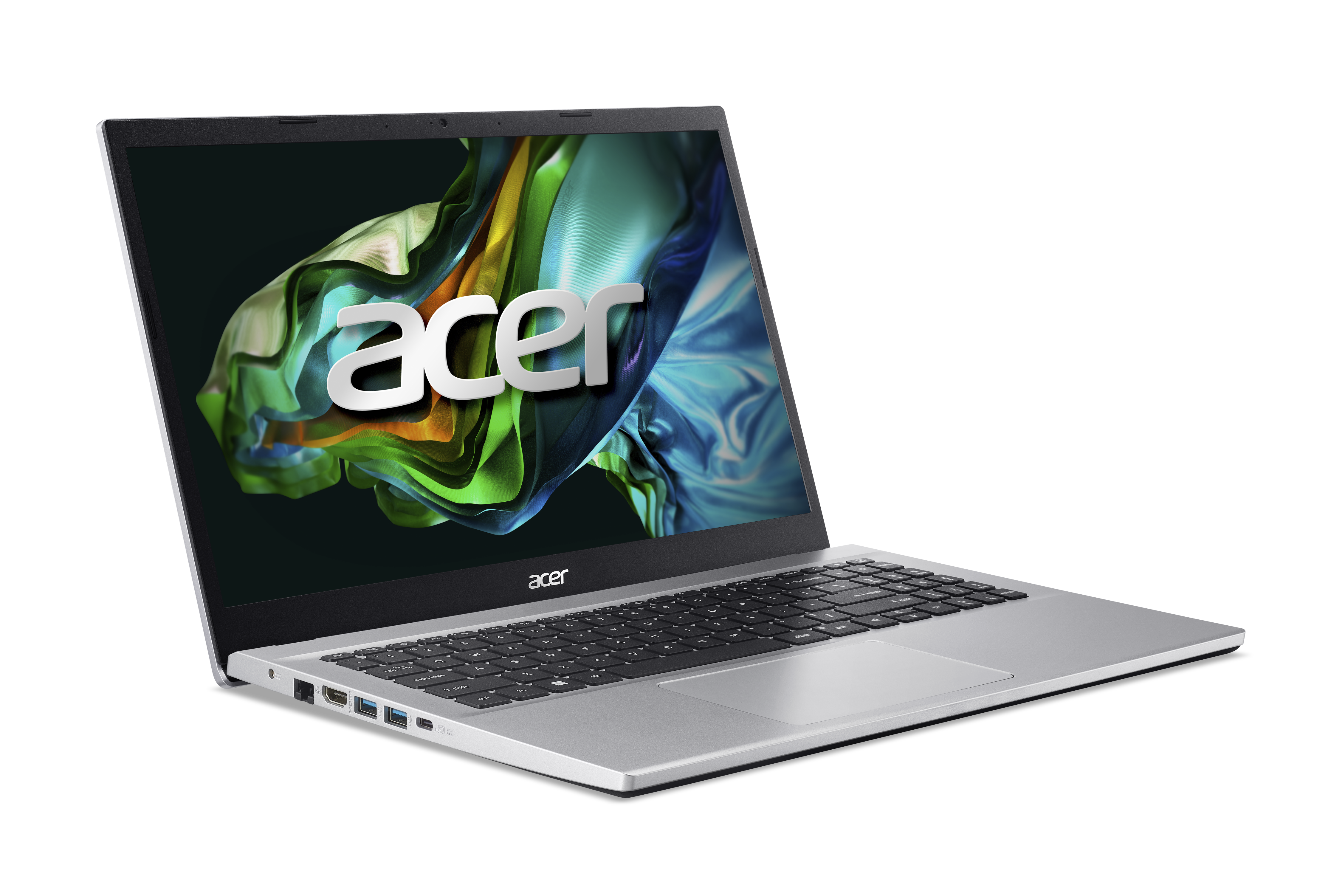 Portátil Acer plateado sobre fondo negro. Pantalla muestra gráfico vibrante. Logo Acer.