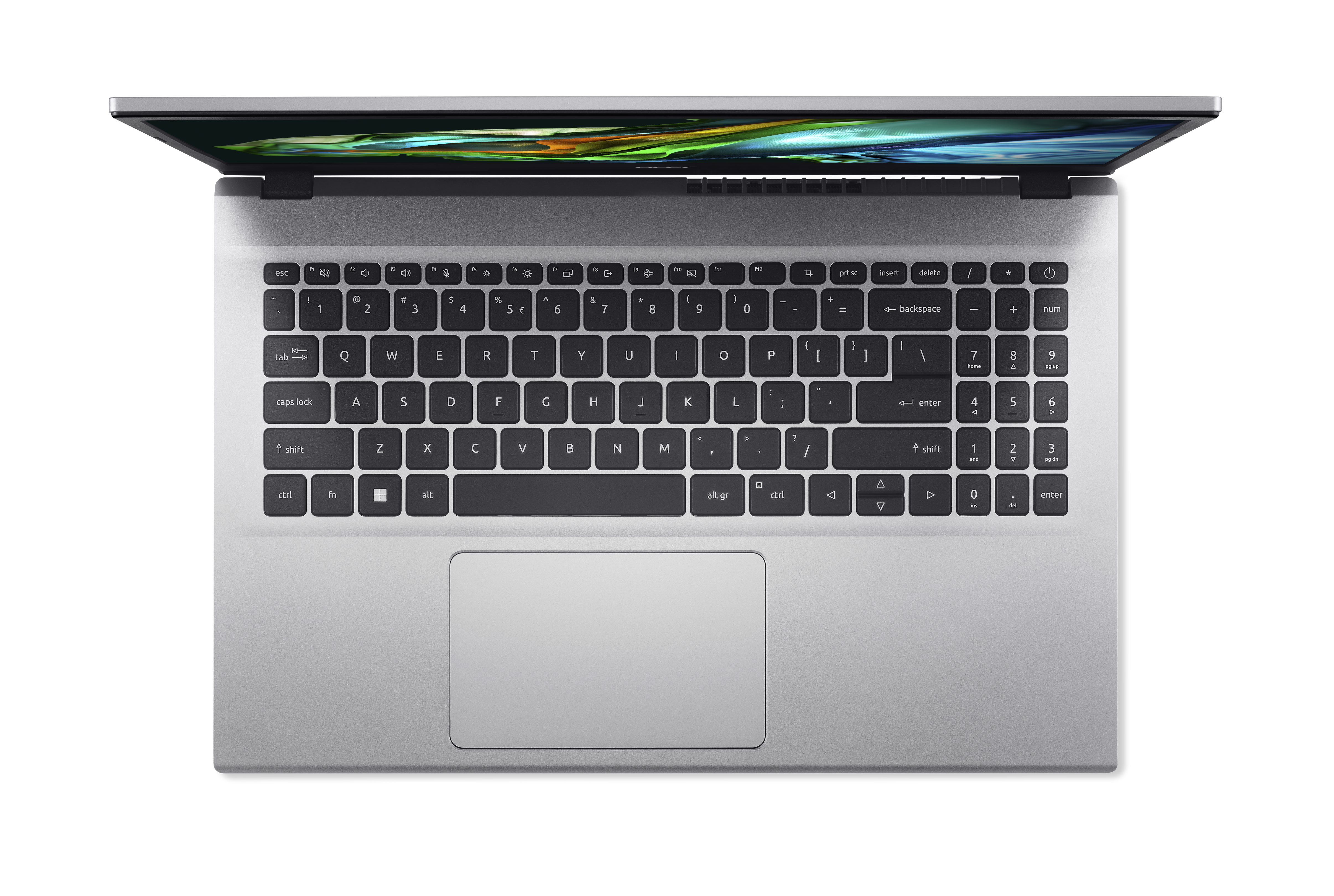 Teclado de portátil con fondo negro, vista superior del portátil abierto.