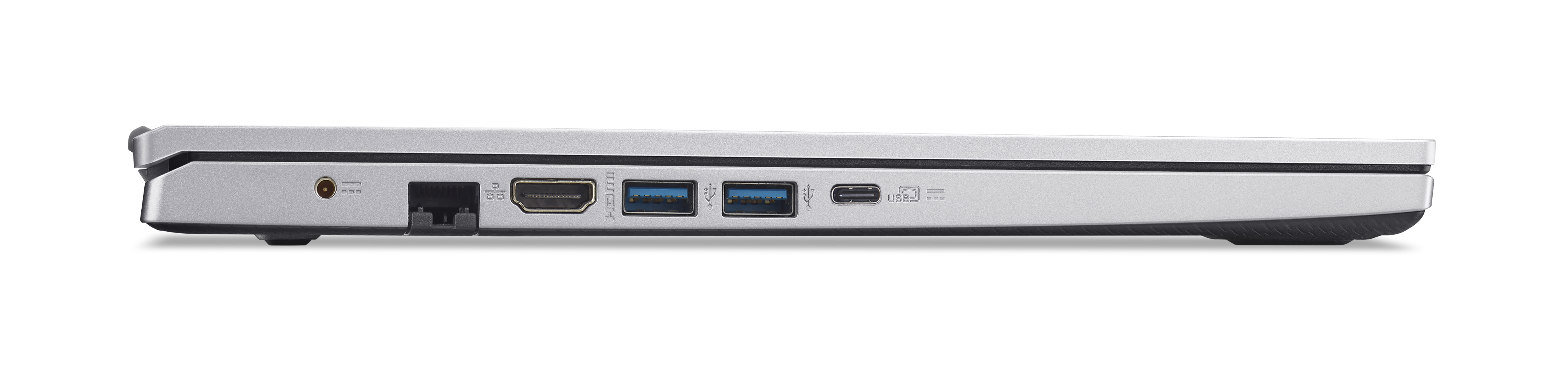 Vista lateral de un portátil plateado con puertos: carga, Ethernet, HDMI, USB y USB-C.