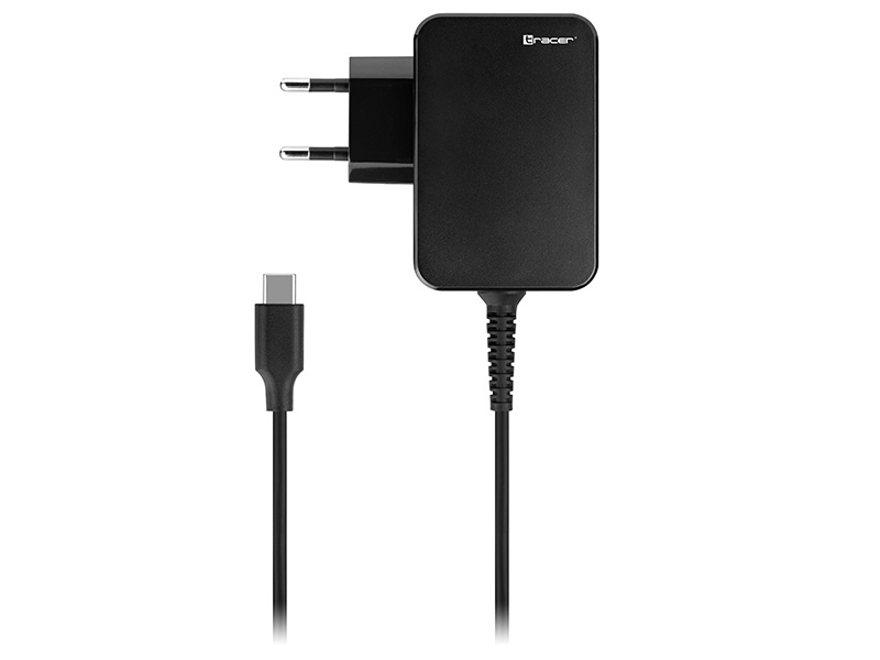 Czarna ładowarka i czarny kabel USB-C. Ładowarka ma dwa piny i wtyczkę.