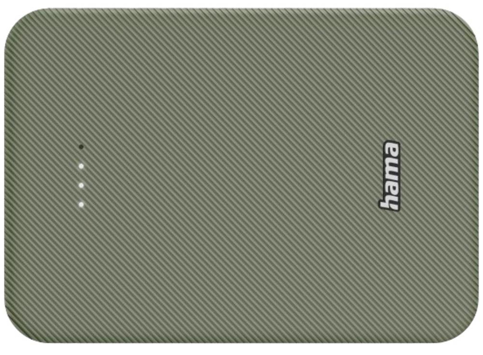 Zielony, teksturowany power bank Hama z trzema białymi lampkami kontrolnymi.