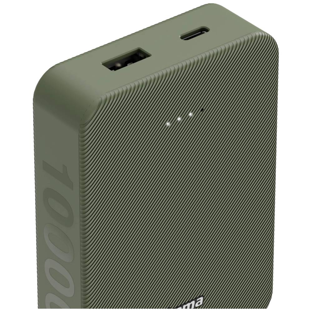 Zielony power bank z portami USB i USB-C. Przekątne linie teksturowują powierzchnię.