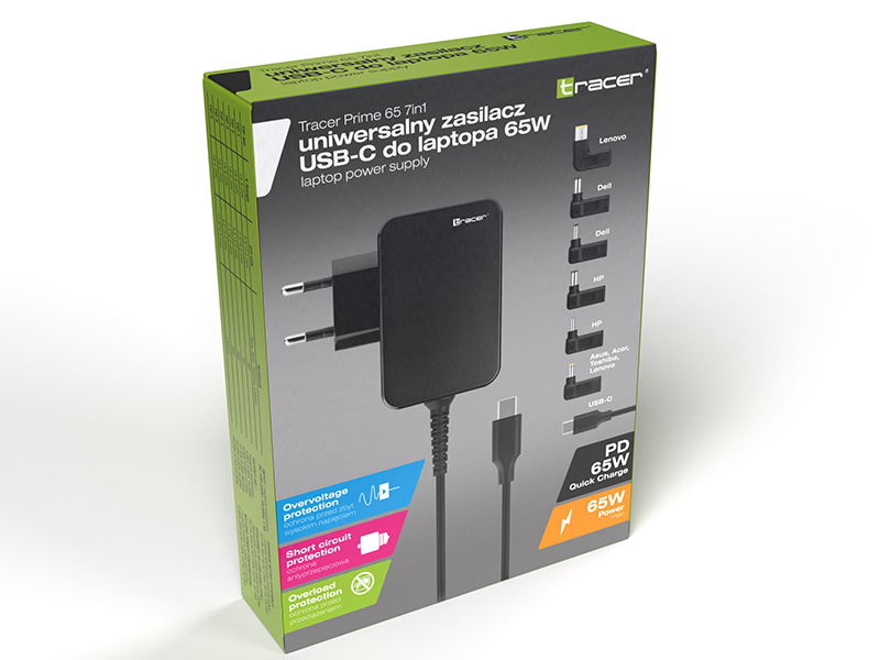 Pudełko z zasilaczem. Czarny adapter z kablem USB-C. Moc 65W.