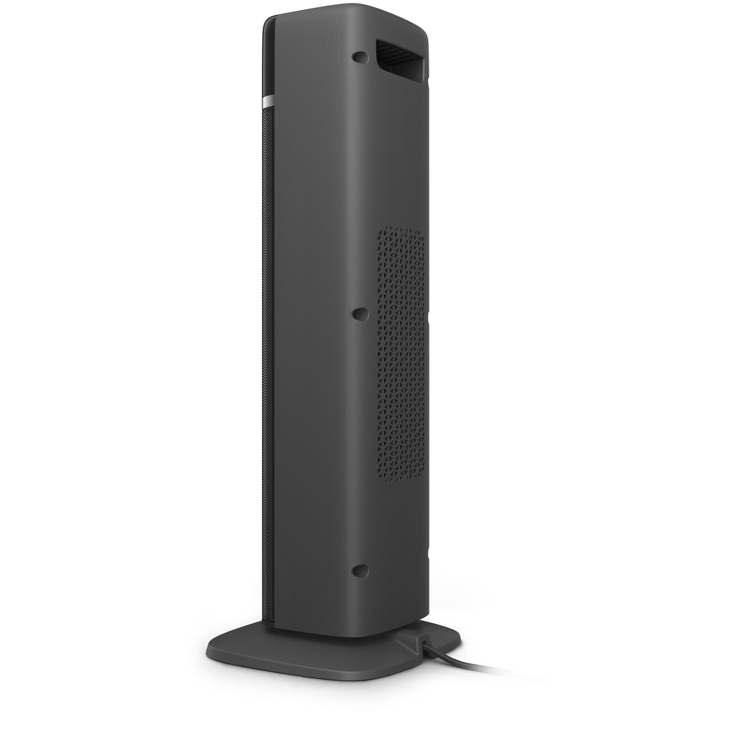 Black tower fan on a white background. It has a base and a control panel. Side view.