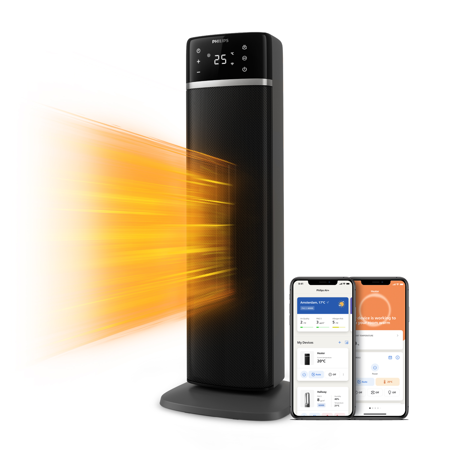A black tower heater with orange heat radiating from it, next to two smartphones displaying apps.