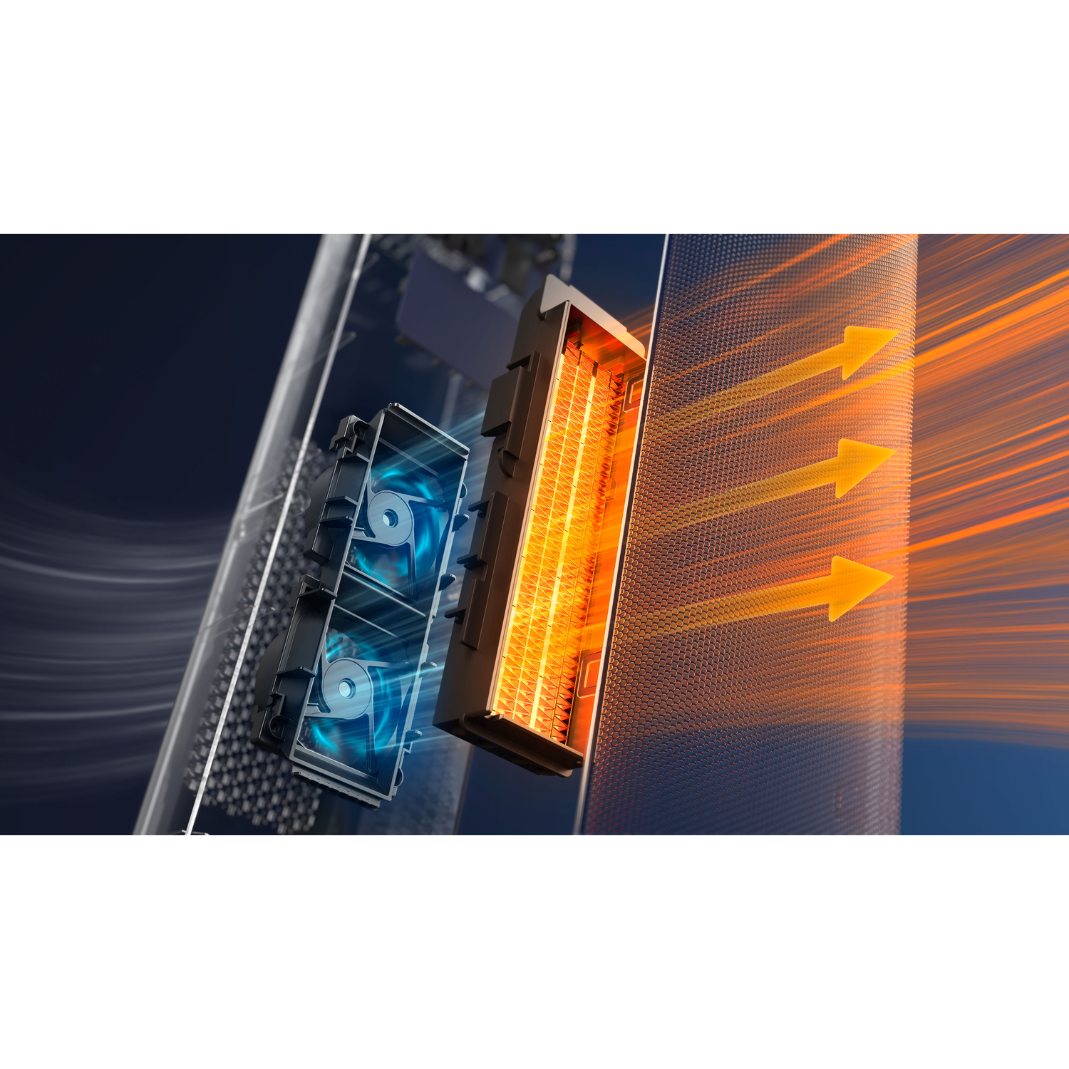 Close-up of a computer component. Two blue fans on left, orange heat element in the center, and arrows showing heat flow to the right.
