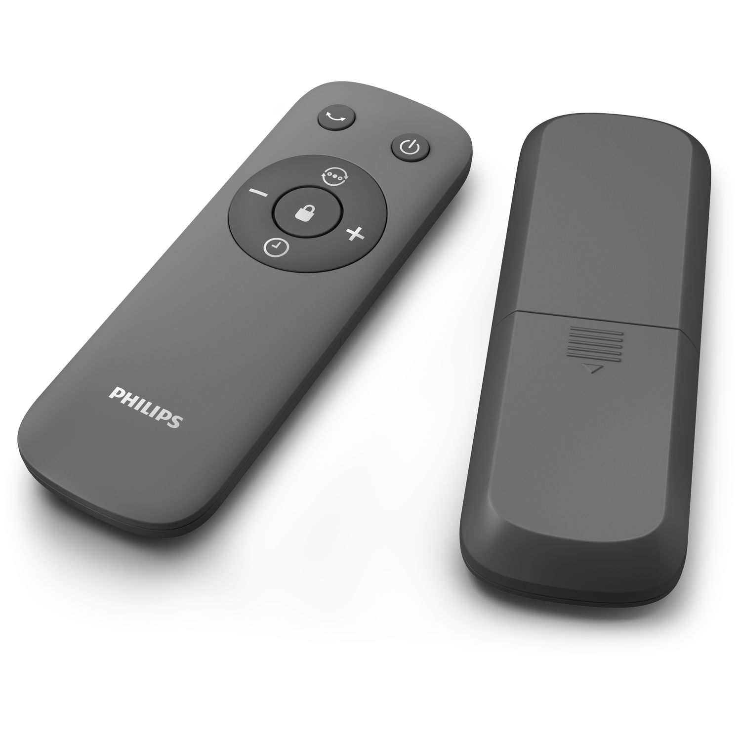 Two gray Philips remote controls. One has a lock button and a power button.