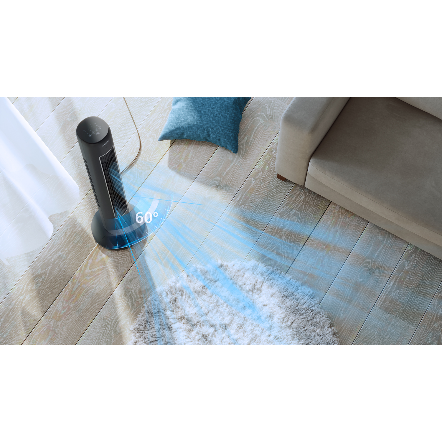 A black tower fan on a wooden floor. It shows a 60-degree angle of the air flow.