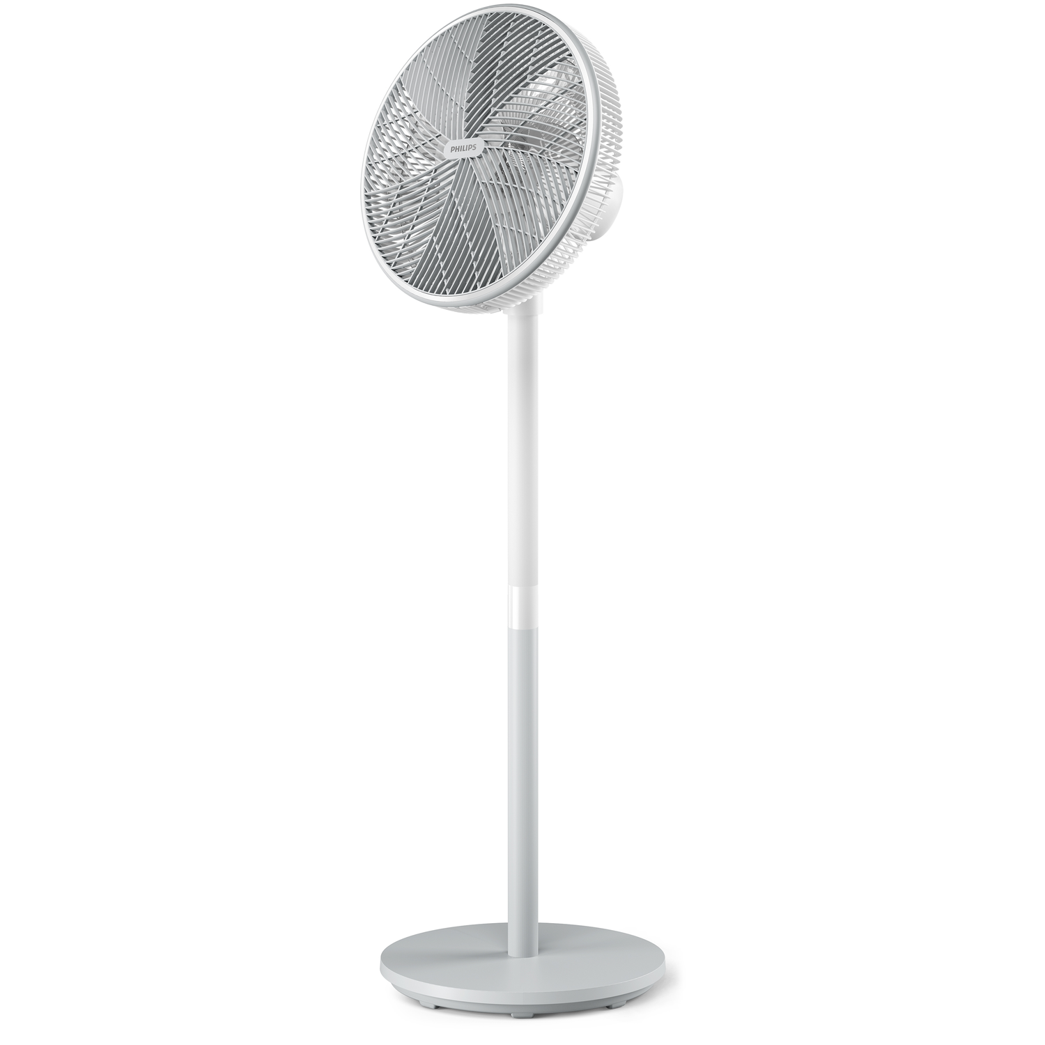 A white standing fan with a silver base and white blades, isolated on a white background.
