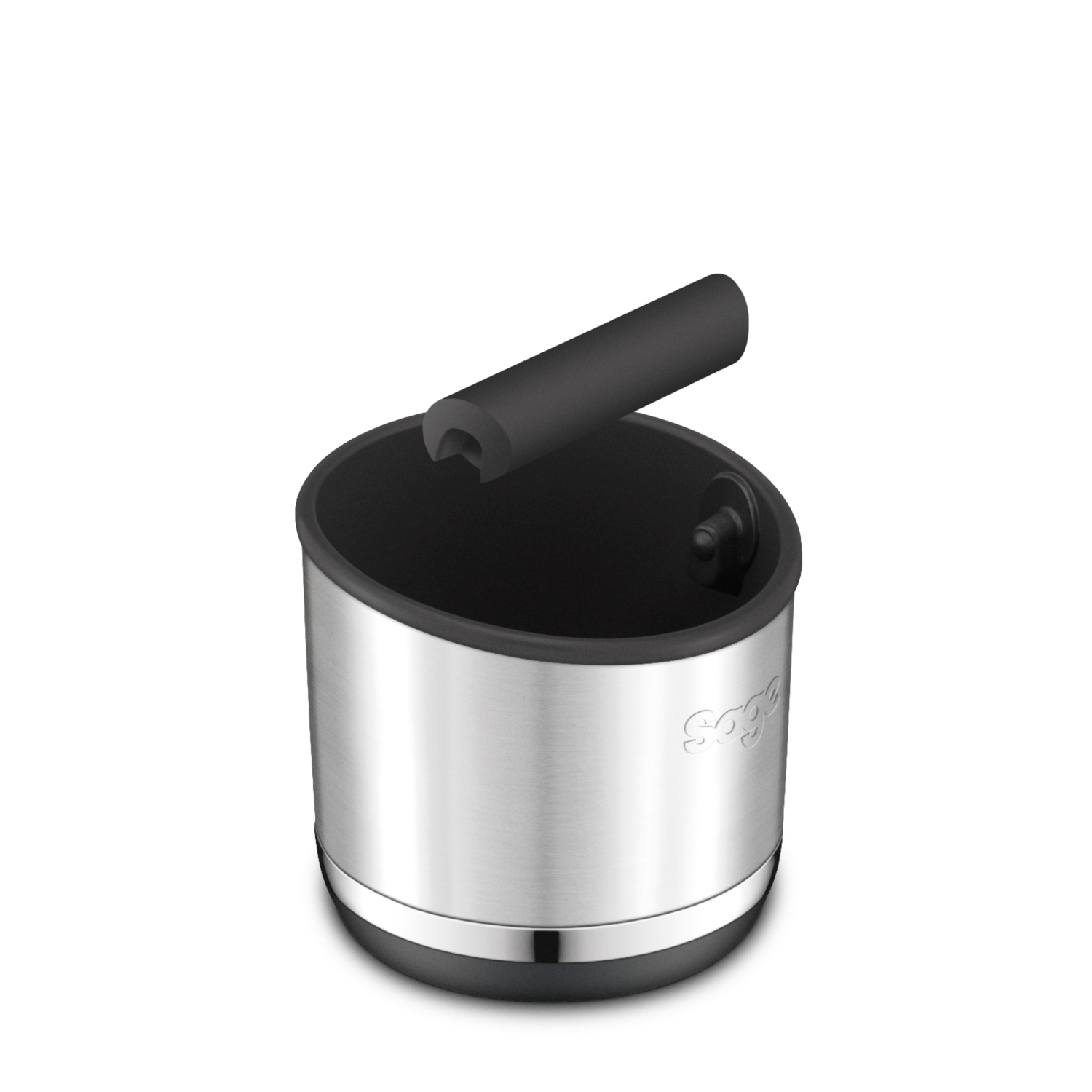 Stainless steel container with a black rubber handle. Black background.