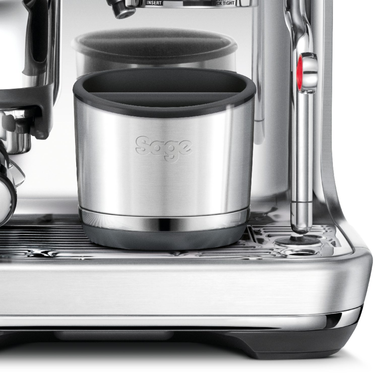 A stainless steel coffee machine with a black knock box.