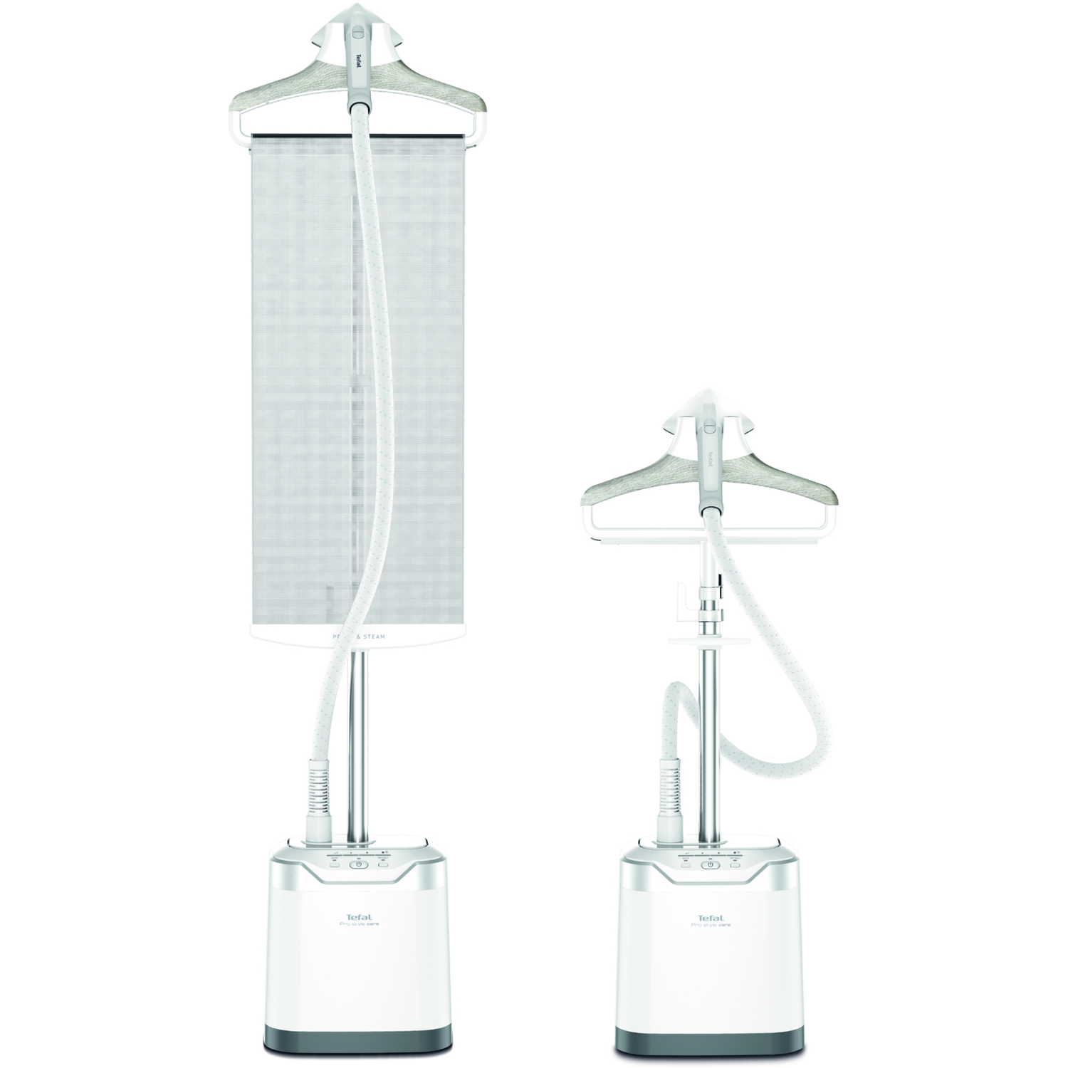 Two white and silver garment steamers. One larger, with a fabric panel, and one smaller, against a white background.