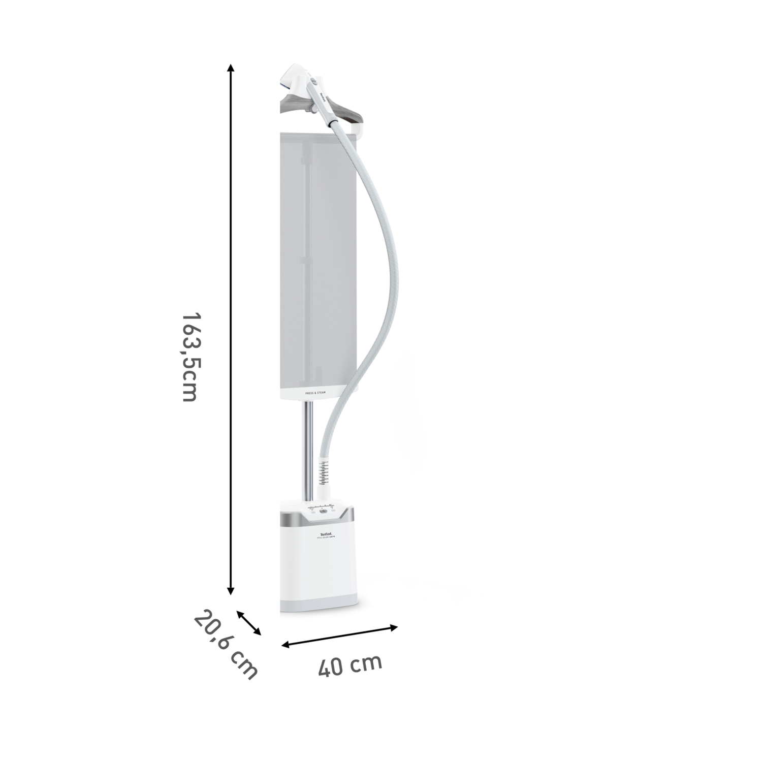 A white garment steamer with dimensions labeled. It's tall and slender, with a flexible hose.