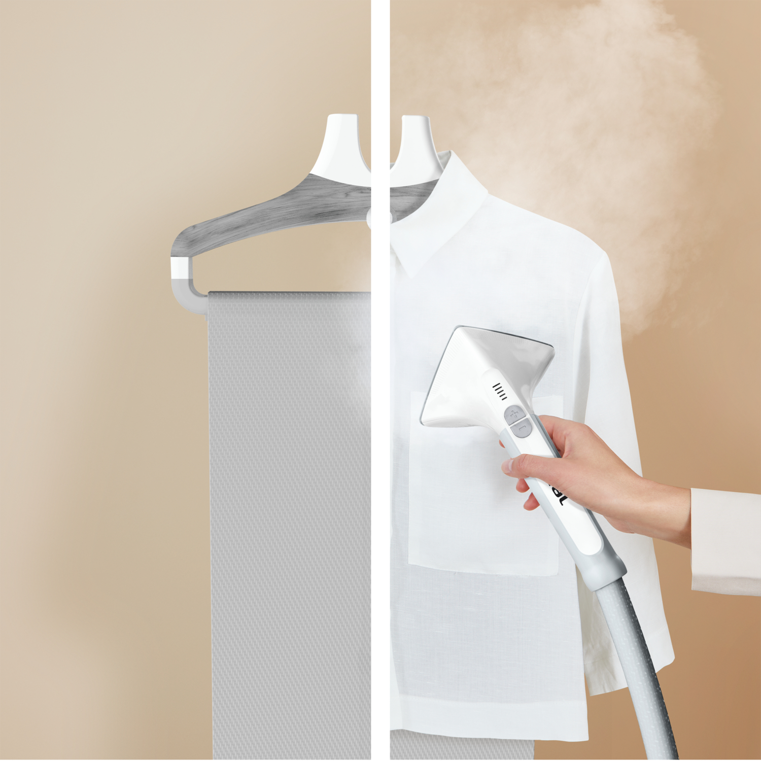 A shirt being steamed to remove wrinkles, with the steamer in hand, and a hanger on the left.