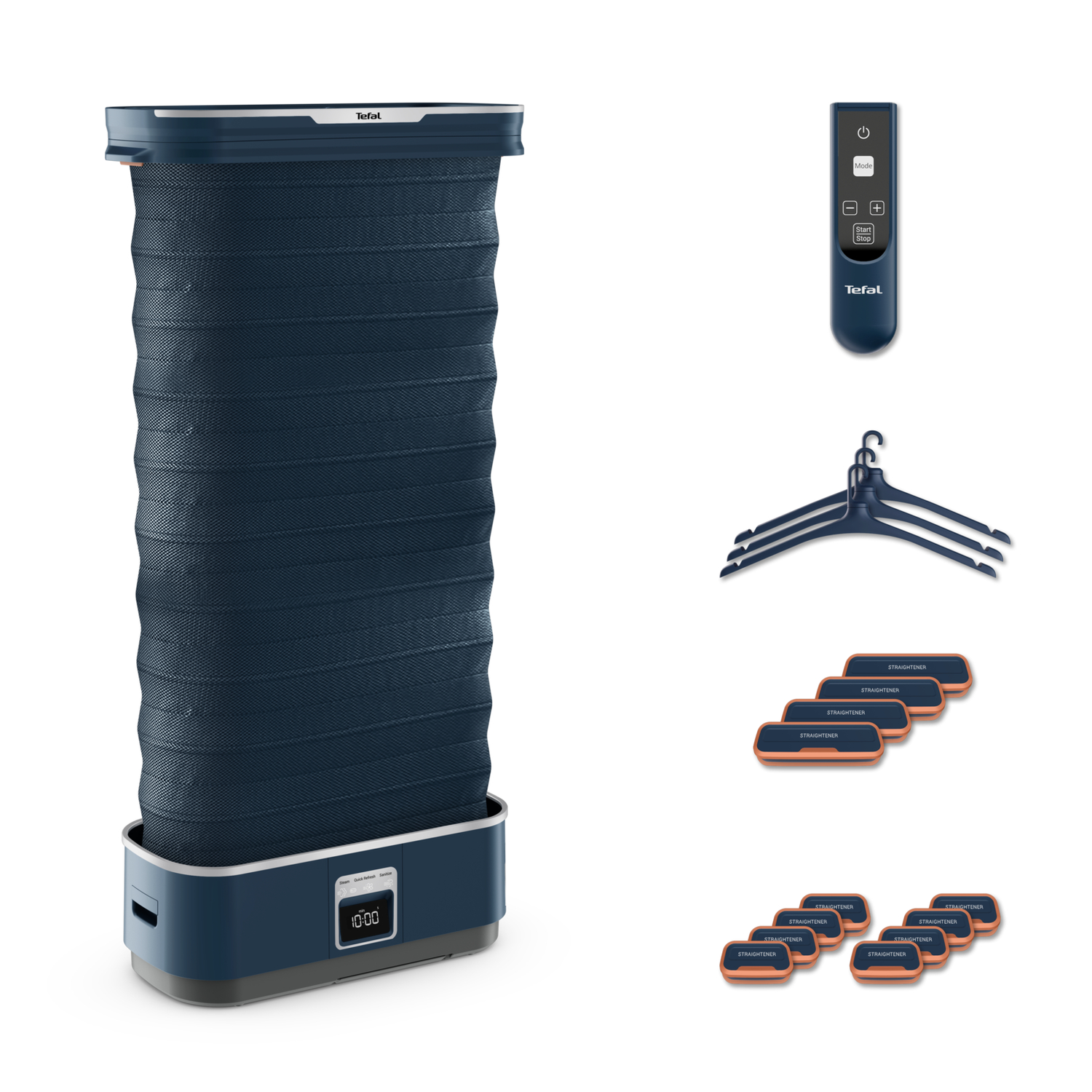 Een blauwe Tefal kledingstomer met accessoires zoals hangers en geurpads.