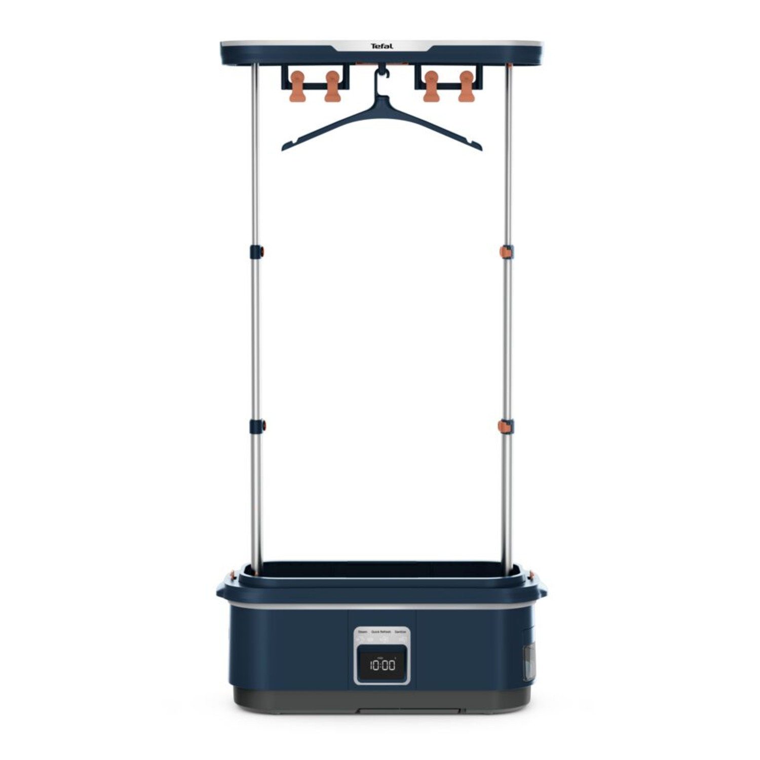 Een blauw-zilveren kledingstomer met een hanger en een digitaal display met de tijd.