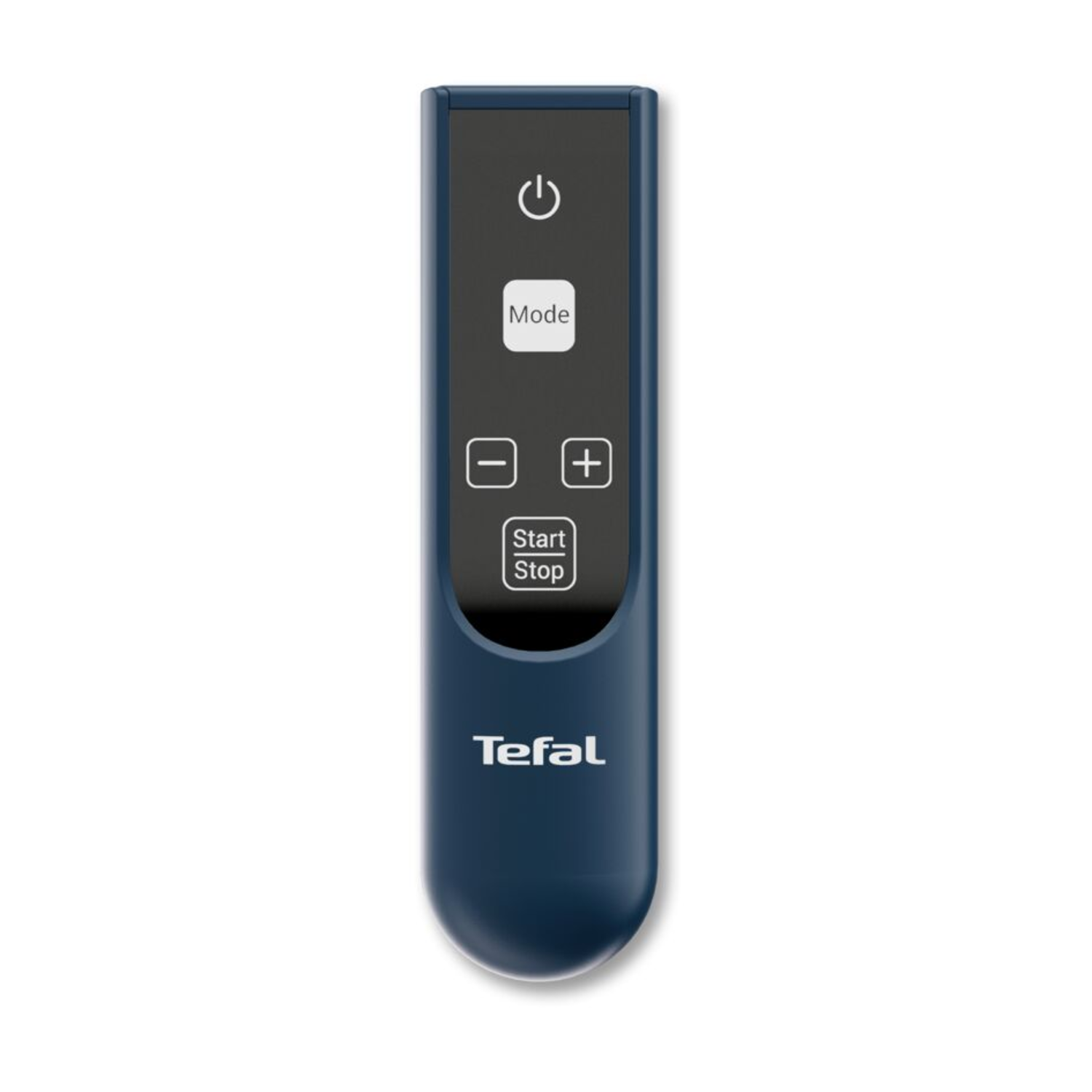 Een blauwe afstandsbediening met knoppen voor aan/uit, modus en start/stop, met het Tefal-logo.
