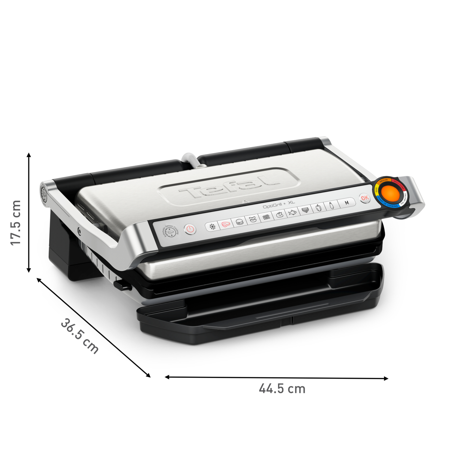 Tefal OptiGrill XL, an open electric grill with dimensions visible.