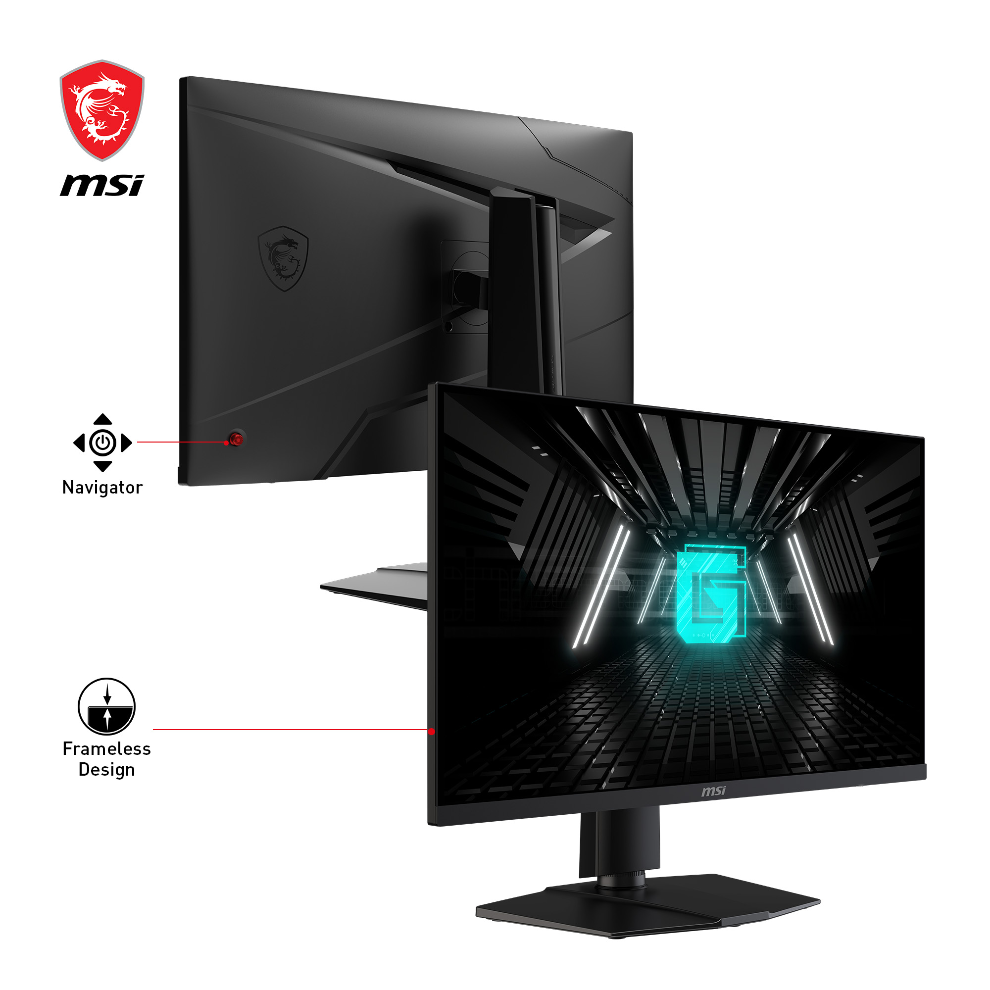 Zwei MSI Gaming-Monitore. Einer zeigt die Rückansicht, der andere die Vorderansicht mit Neon-G-Design.