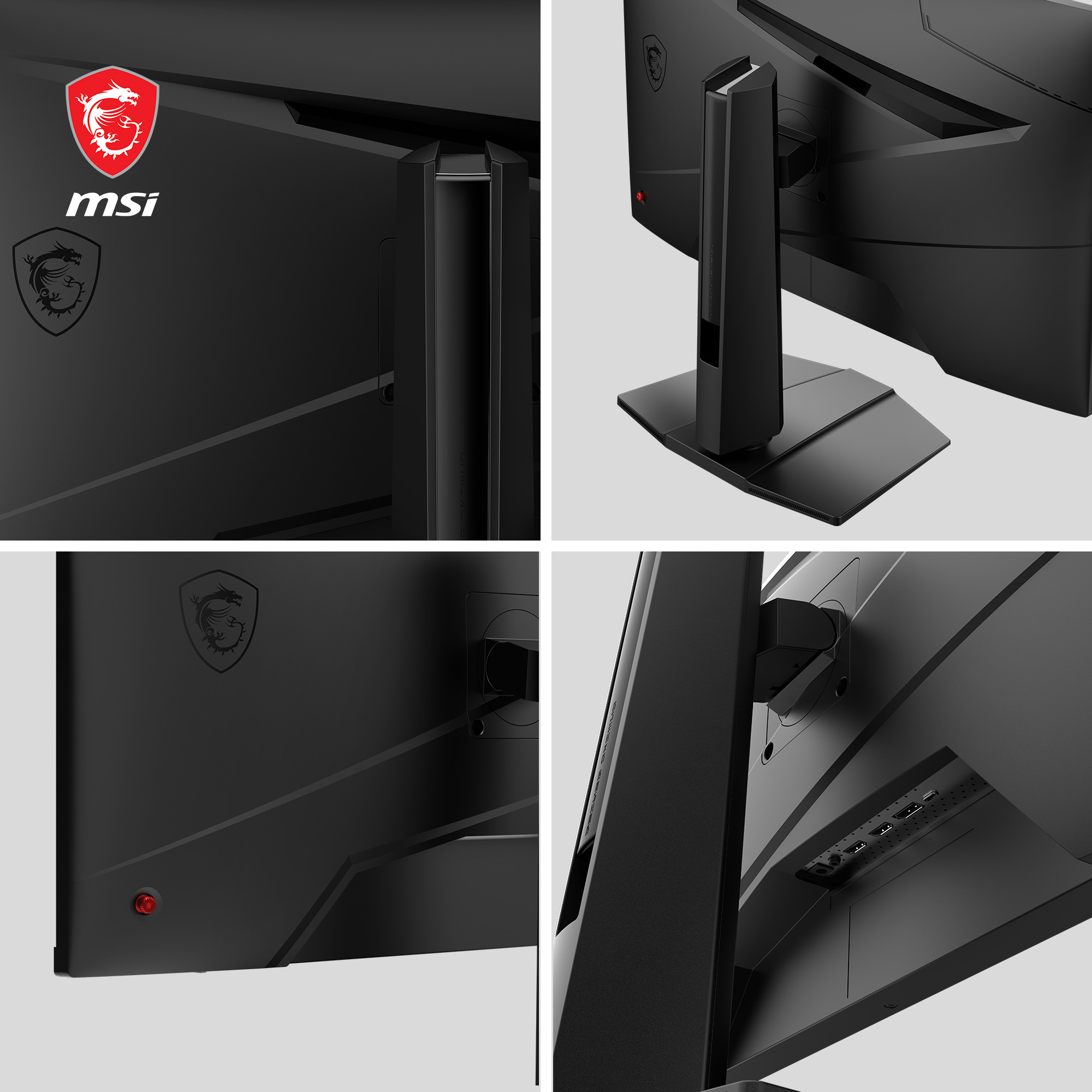 Vier Bilder eines schwarzen Computermonitors. Der Monitor hat das MSI-Logo und ist schwarz.