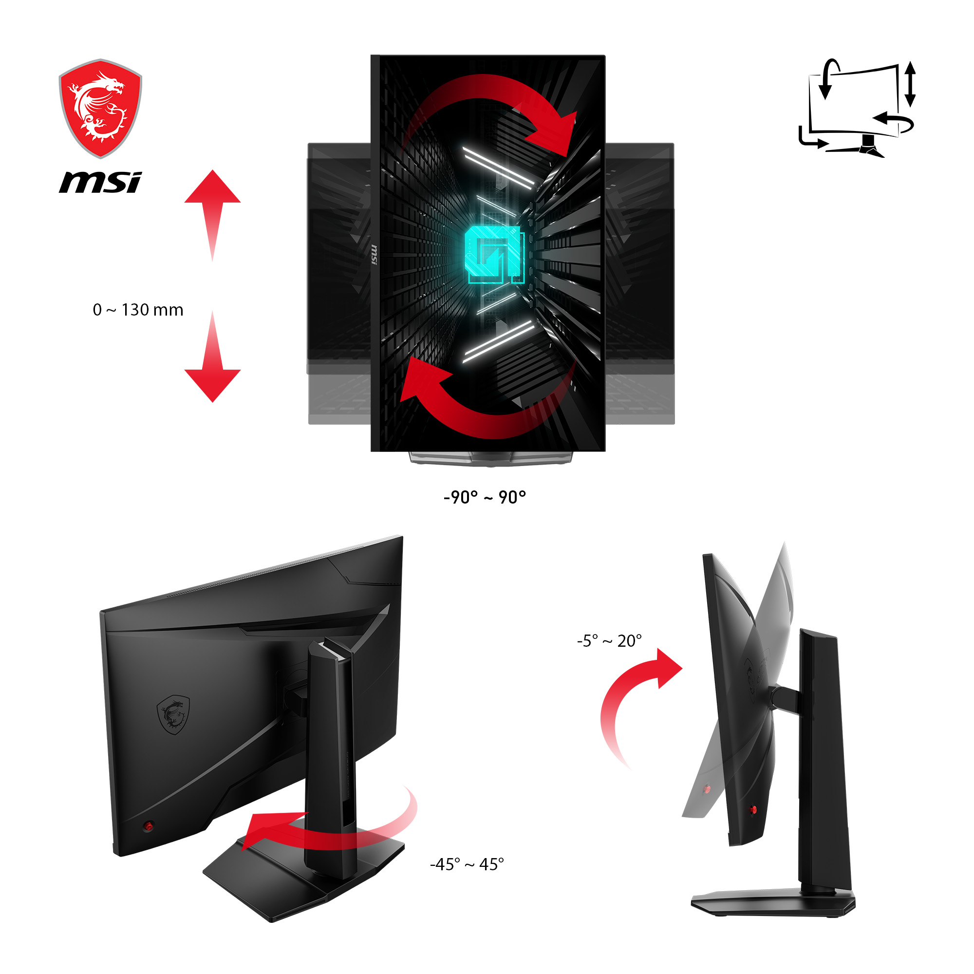 MSI-Monitor, der Einstellungsoptionen zeigt. Monitor dreht sich, neigt sich und schwenkt.