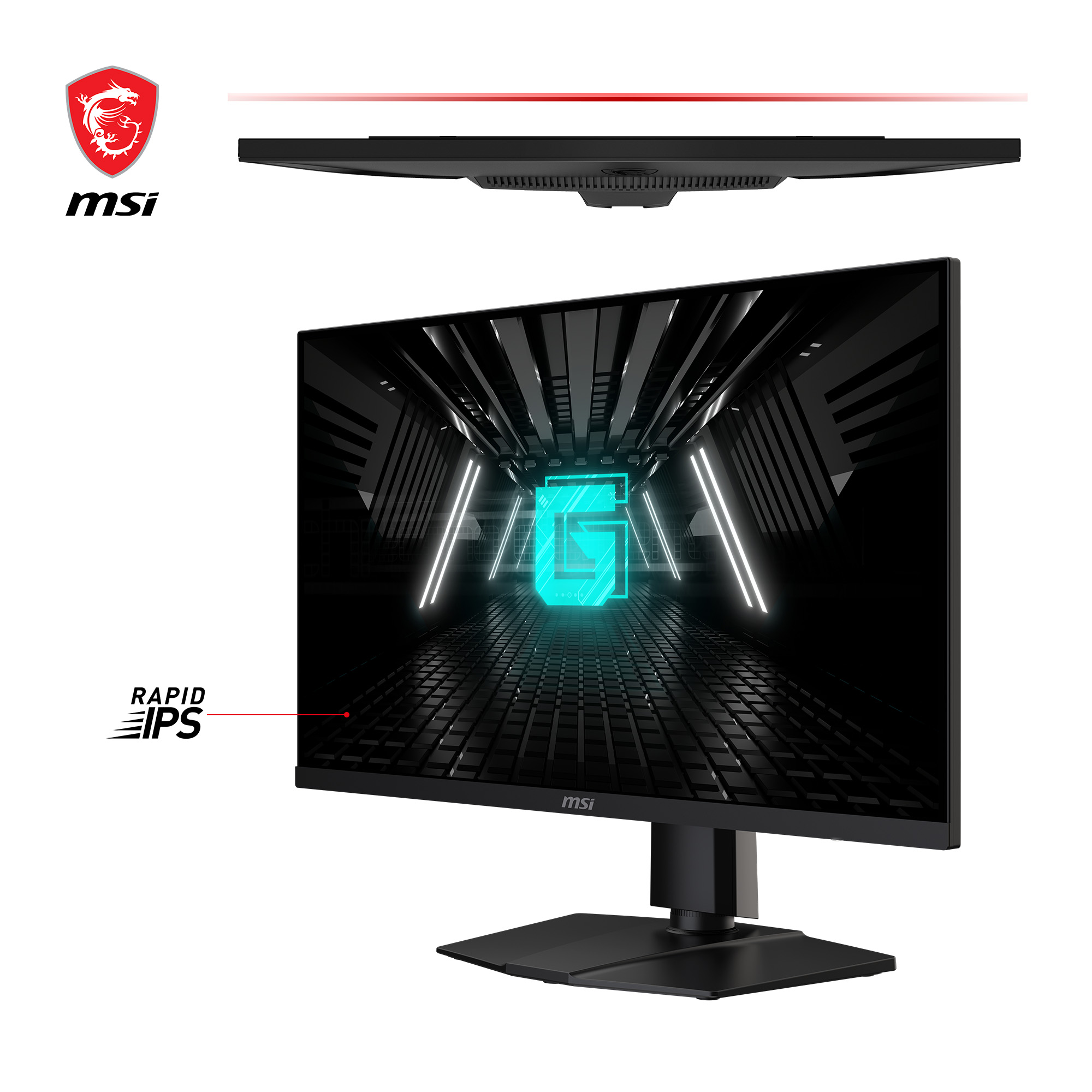 MSI Monitor, der ein neongrünes Design auf schwarzem Bildschirm zeigt, mit MSI-Logo und Namen.