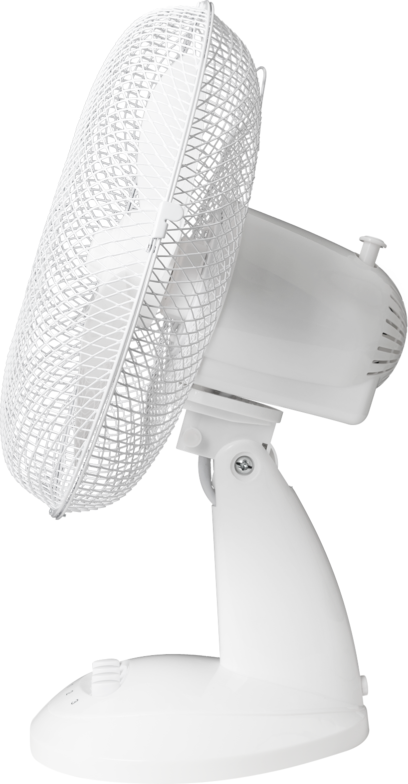 Un ventilateur électrique blanc avec une cage de protection, isolé sur noir.