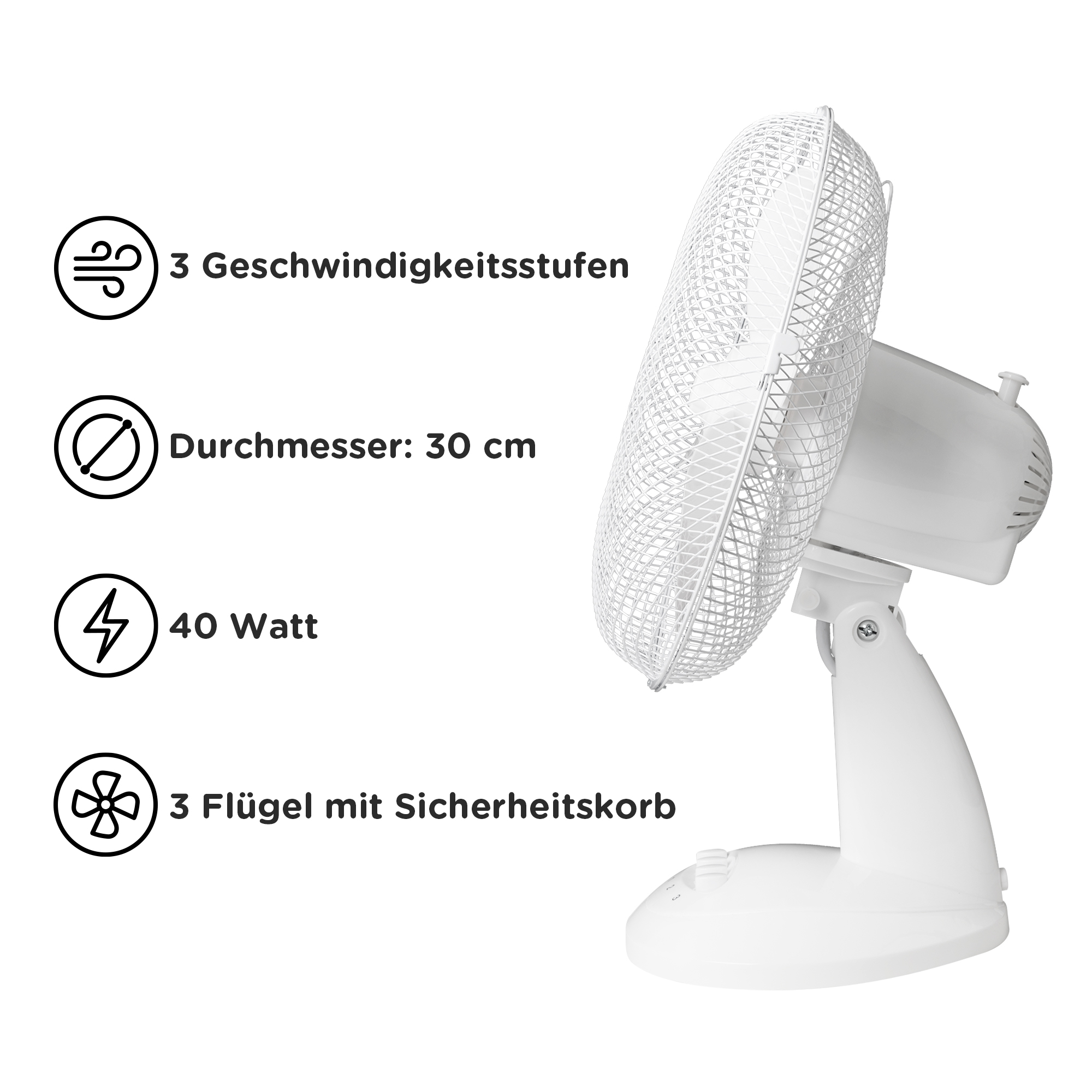 Ventilateur blanc, 3 vitesses, 30cm diamètre, 40W, 3 pales avec protection.