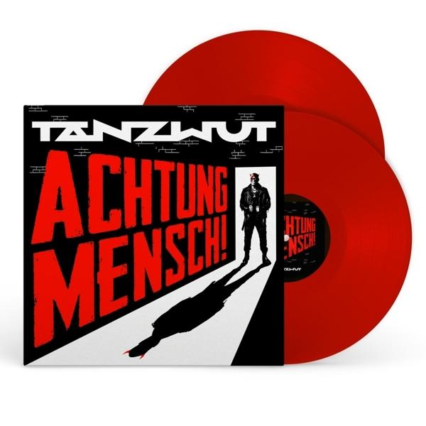 Tanzwut Vinyl-Schallplattenhülle und rote Vinyl-Schallplatten mit kräftigen roten und schwarzen Grafiken.