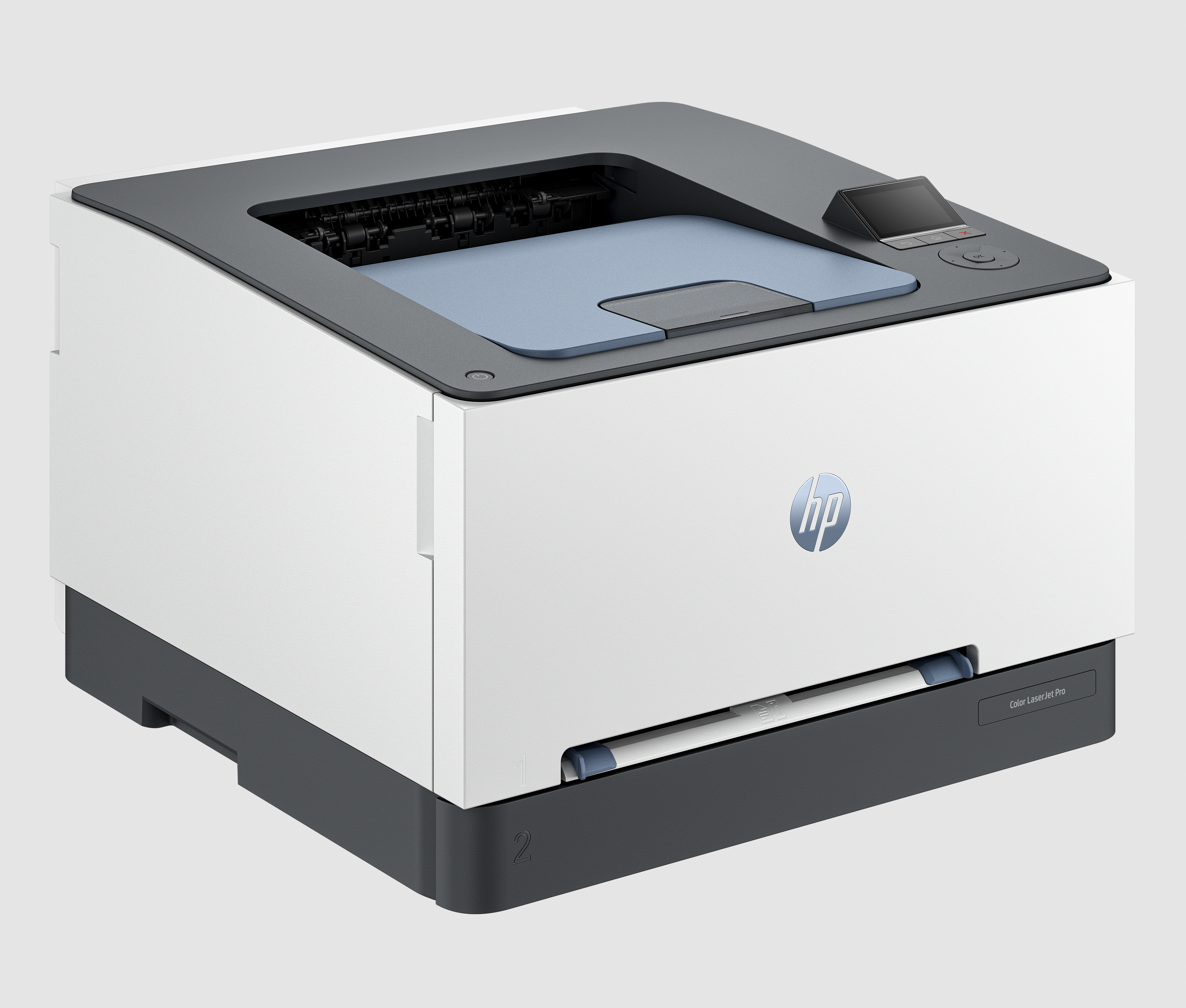 Weißer und grauer HP-Drucker. Er hat ein Papierfach und ein kleines Display oben.