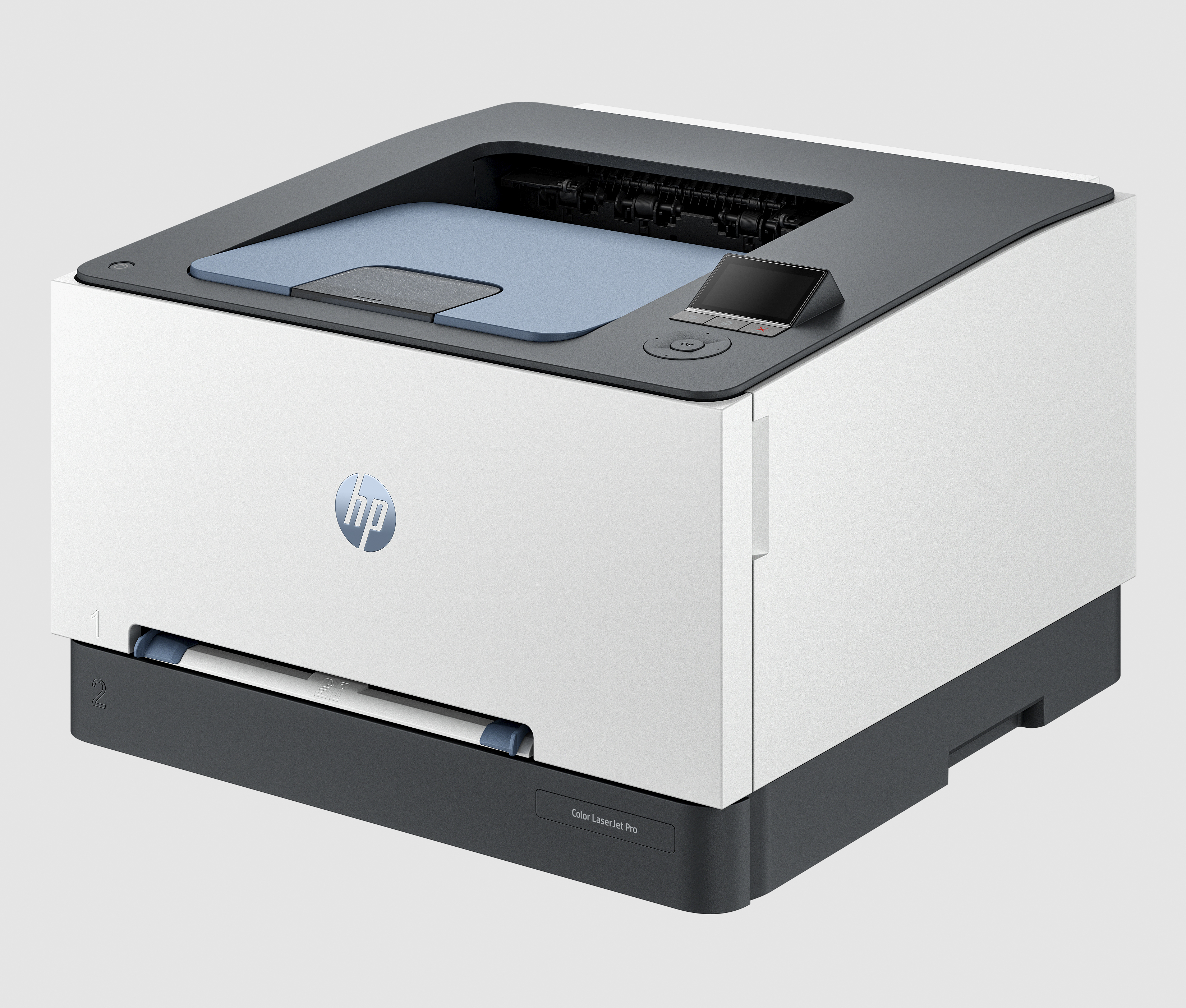 Ein weißer und grauer HP Color LaserJet Pro Drucker, mit dem HP-Logo auf der Seite.
