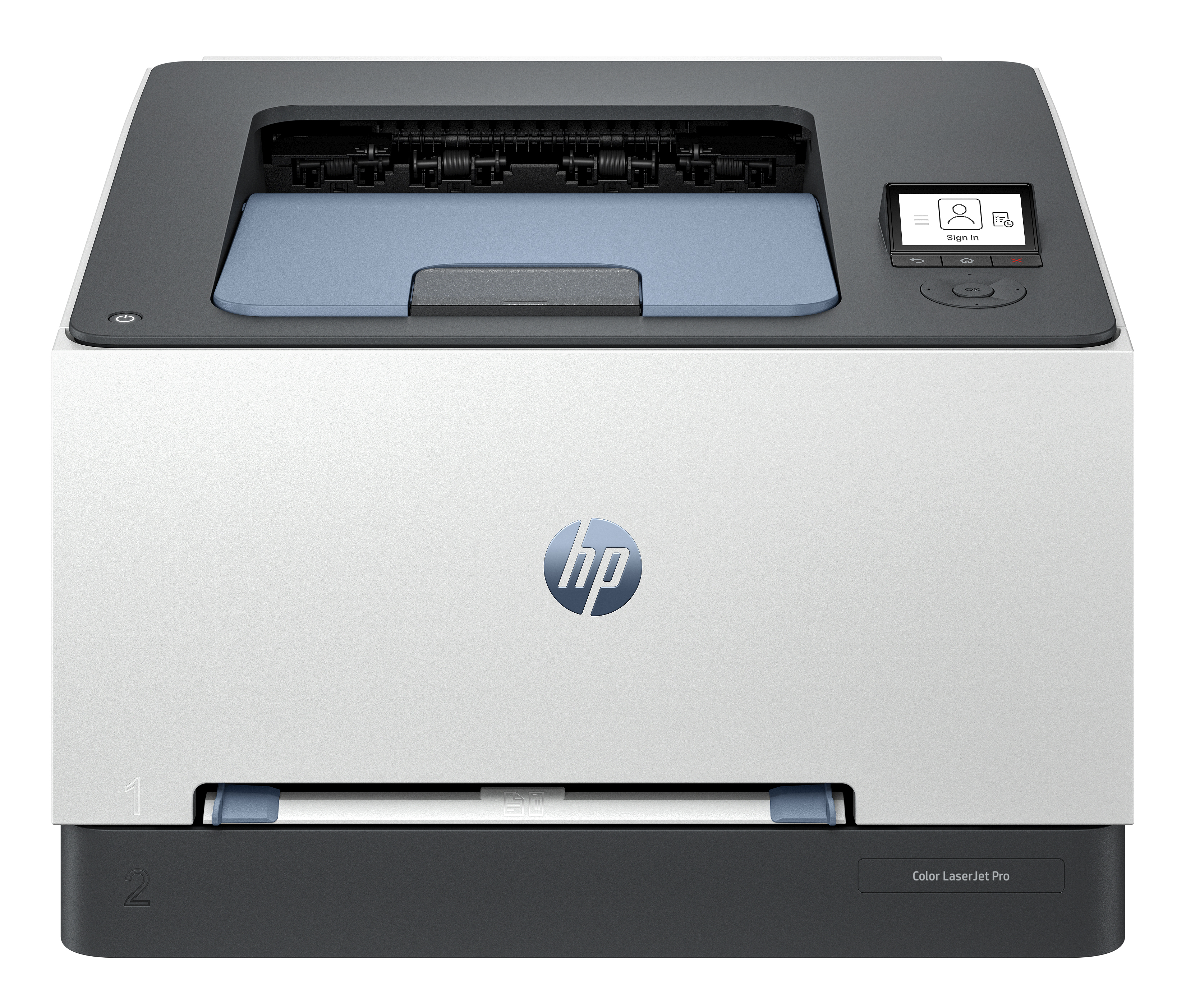 Weißer und grauer Drucker mit HP-Logo. Das Papierfach ist geöffnet. Es ist ein Farblaserdrucker Pro.