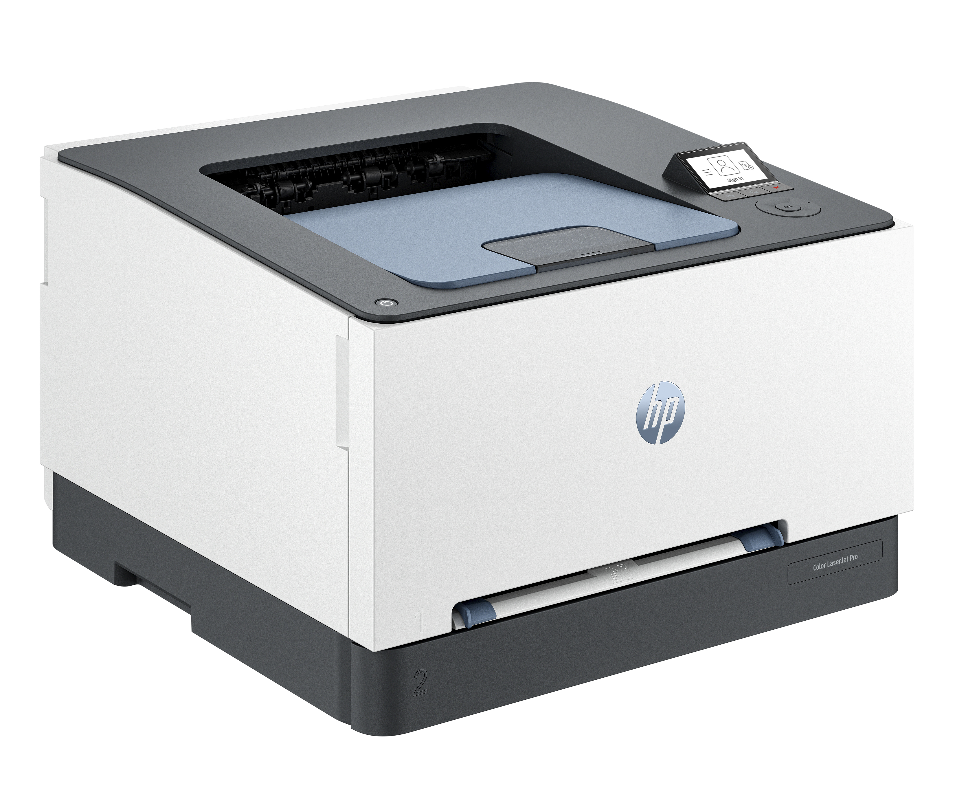 Ein weißer und grauer HP Color LaserJet Pro Drucker. Das HP-Logo befindet sich auf der Vorderseite.