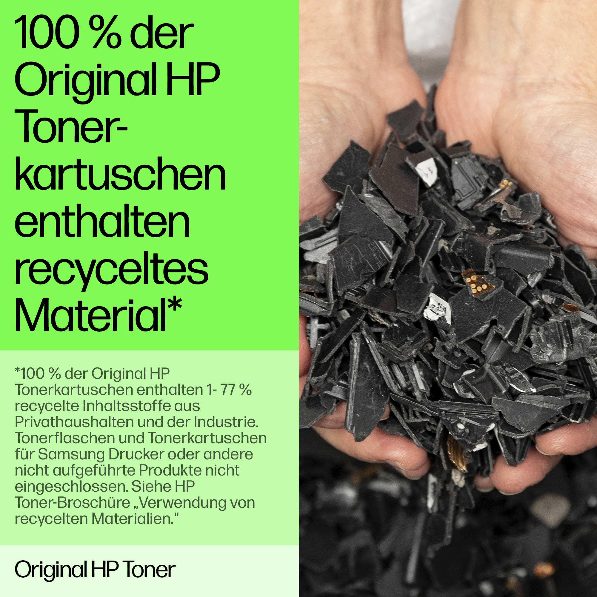 Hände halten schwarze Tonerkartuschenteile. Text hebt die Verwendung von recyceltem Material hervor.