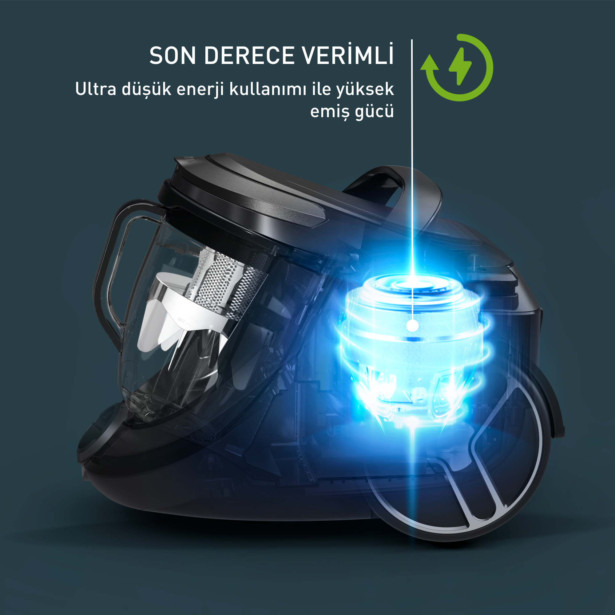 Mavi enerji vurgularıyla ve Türkçe metinle siyah bir elektrik süpürgesinin kesiti.