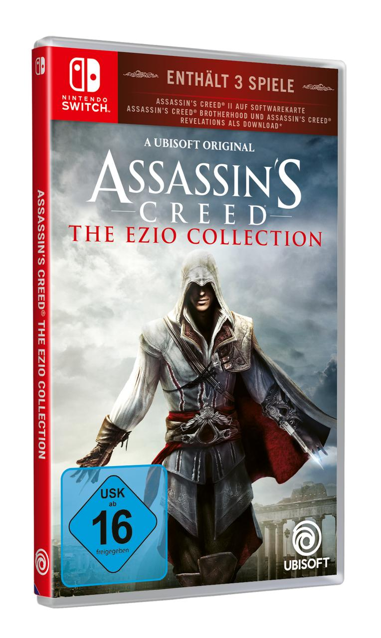 Spielhülle für Assassin's Creed. Es zeigt die Figur Ezio. Nintendo Switch-Logo oben links.