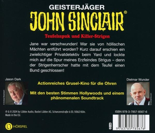 Buchcover für das John Sinclair Hörspiel. Text und Porträts von zwei Männern werden angezeigt.