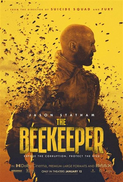 Affiche de film avec Jason Statham et des abeilles, le film 'The Beekeeper'.